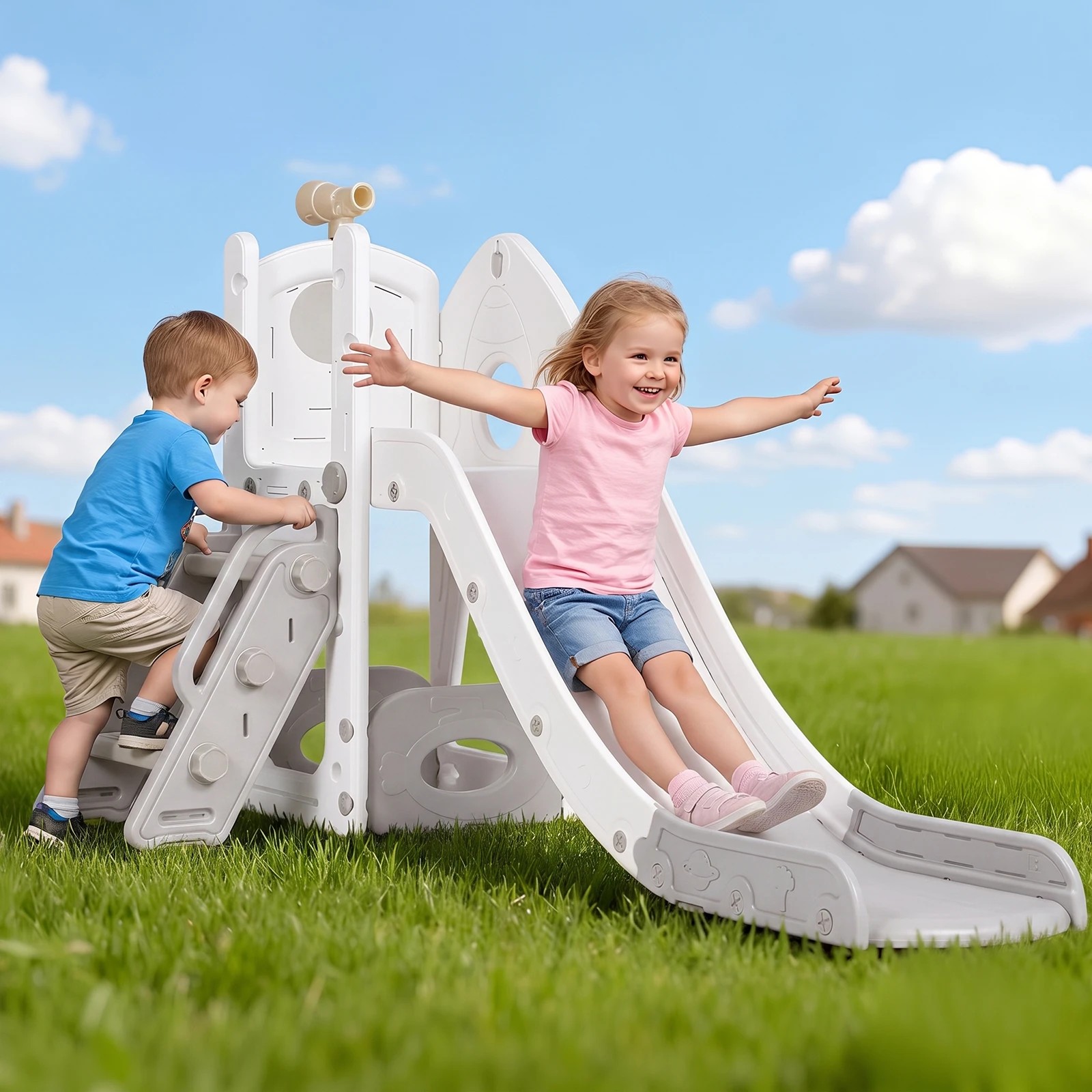 3 Advwin 6 in 1 L-Shaped Toddler Slide Indoor Baby Slide Kids Playset Outdoor Playground - Grey, 3 of 9