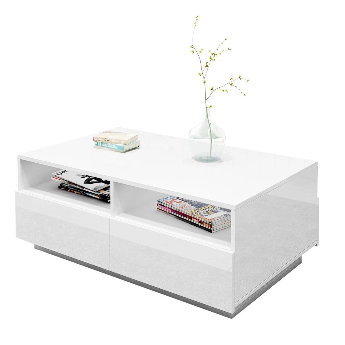 1 AUSWAY Contemporary High Gloss Coffee Table with 4 Drawers White, 1 of 5