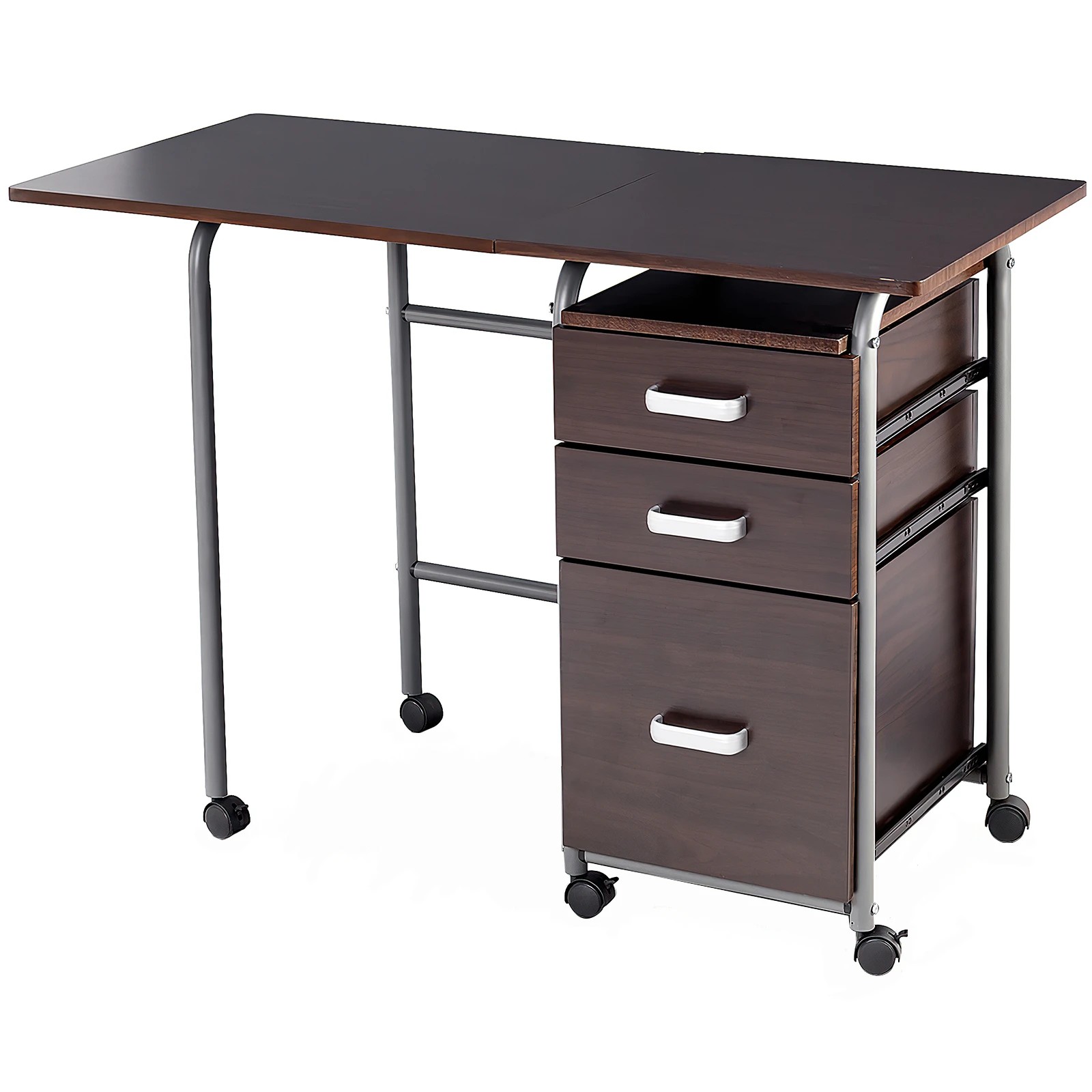 1 Costway Space-Saving Computer Desk Folding Laptop Desk Wheeled Workstation w/3 Drawers, 1 of 3