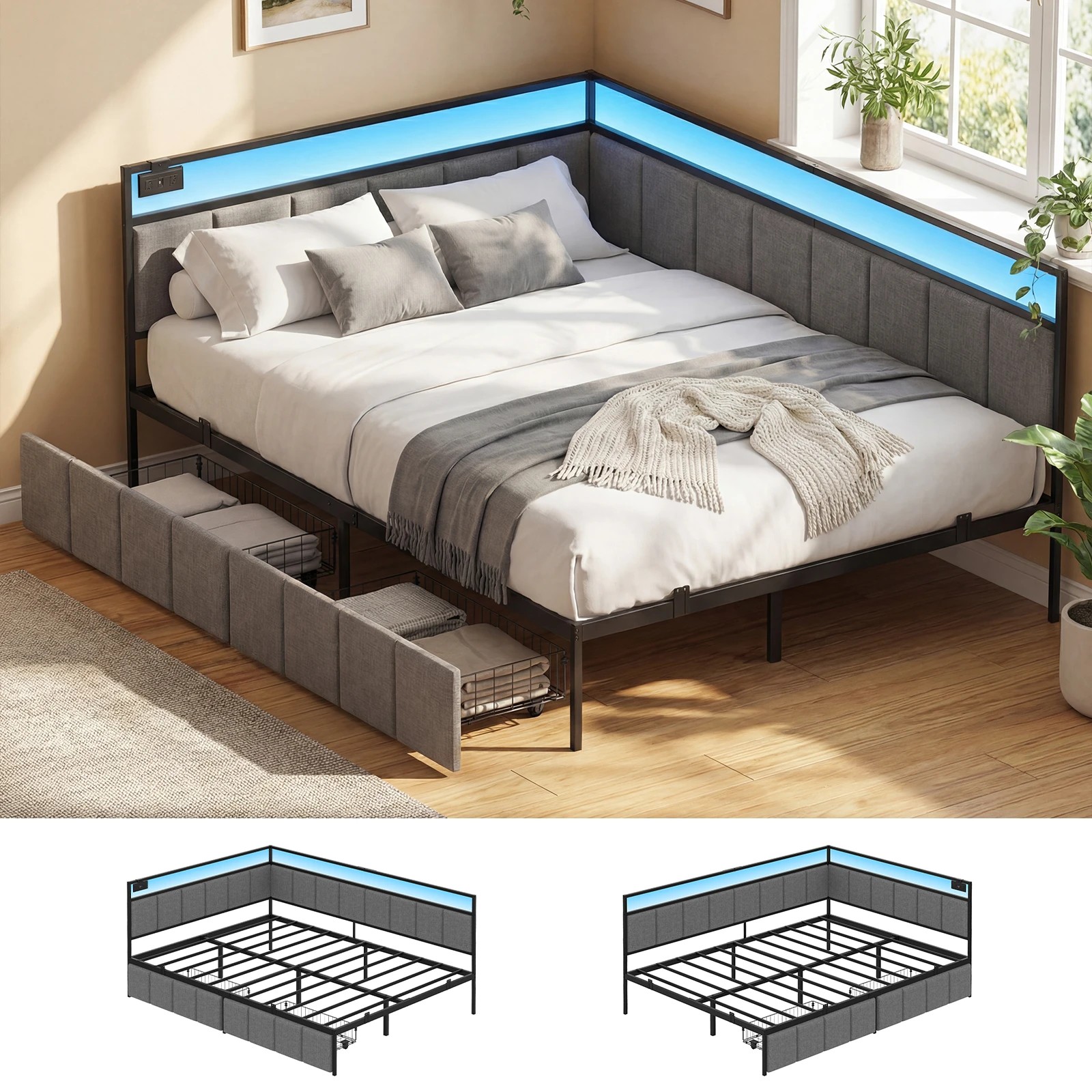 2 Advwin Double Corner Bed Frame with Charging Station and LED Light - Grey, 2 of 10