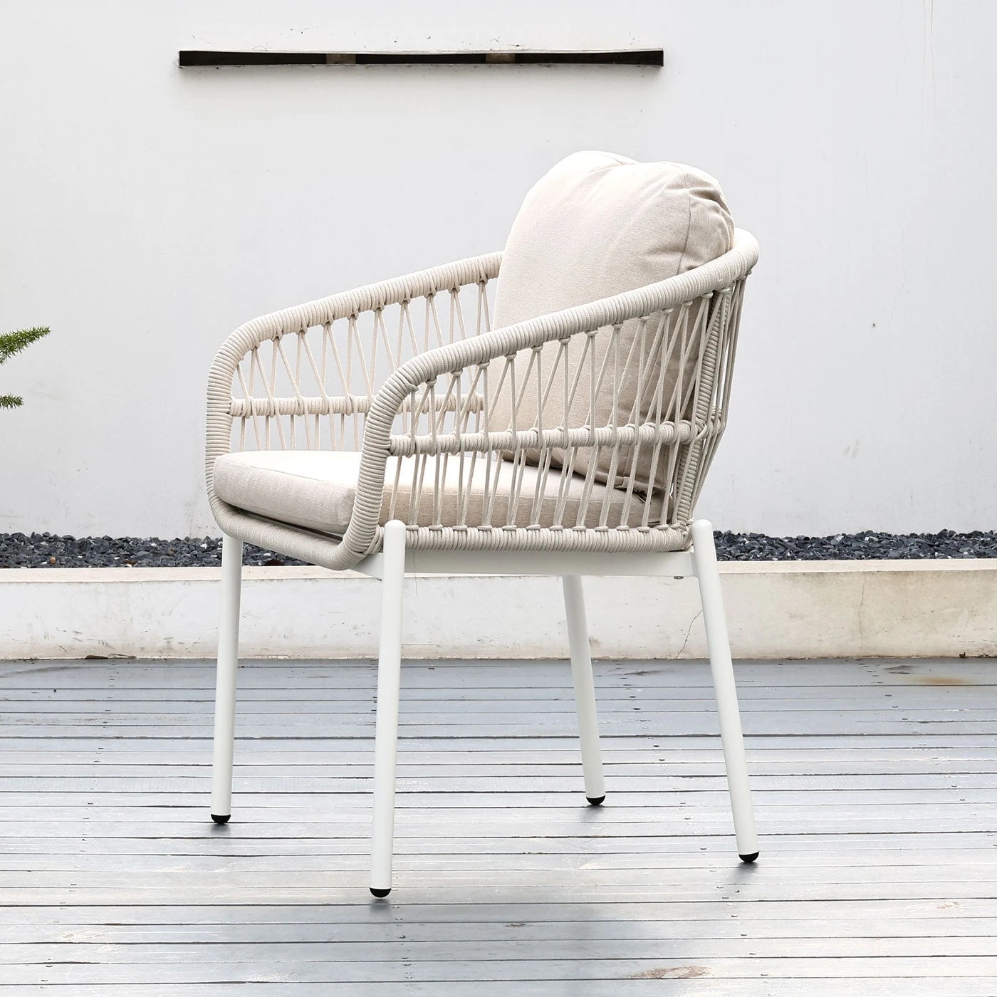 4 Moda Living Bali White Aluminium Outdoor Dining Chairs with Arms - Beige Rope and Cushion (Set of 4) - White, 4 of 10