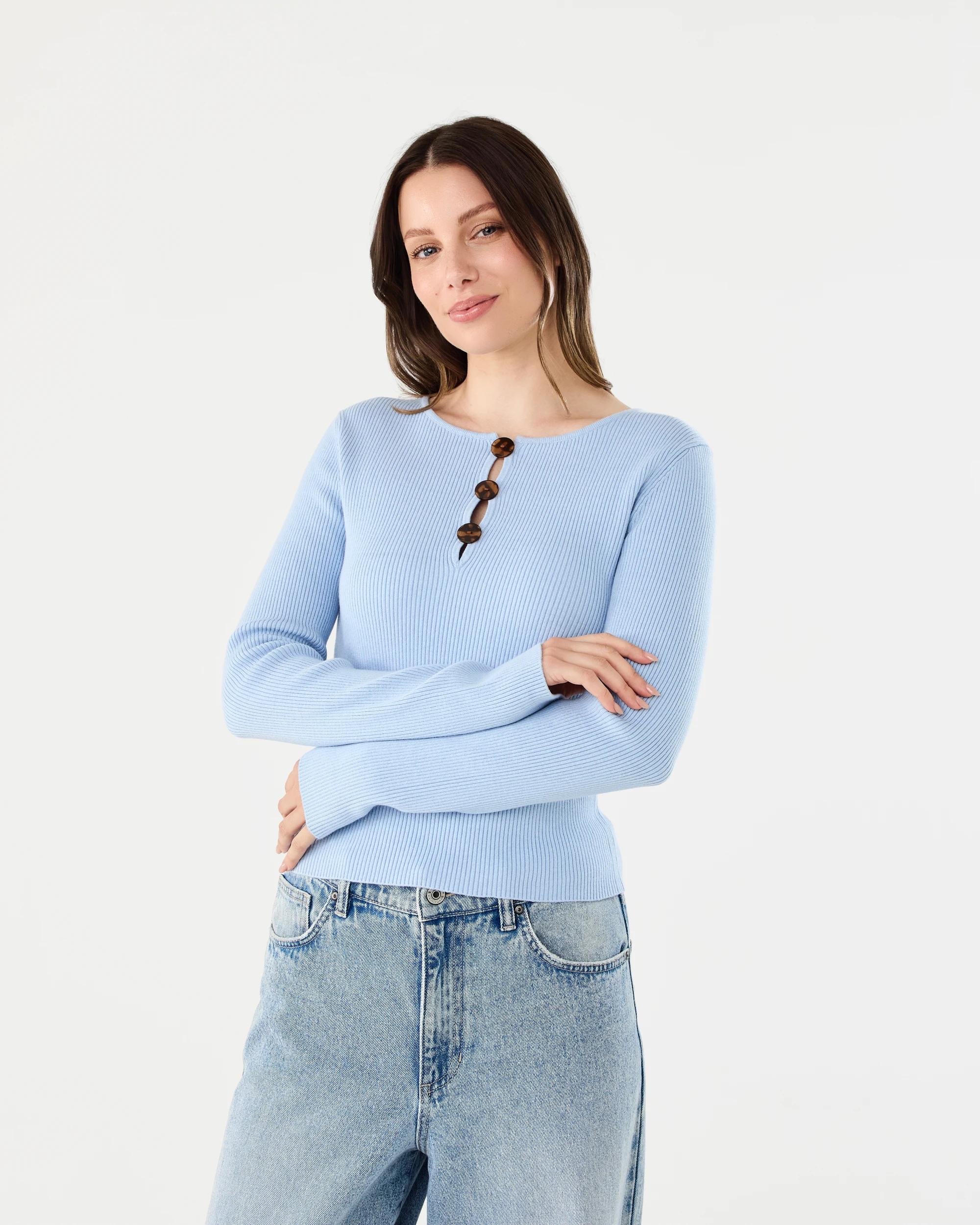 2 Long Sleeve Keyhole Button Top Powd Blue, 2 of 6