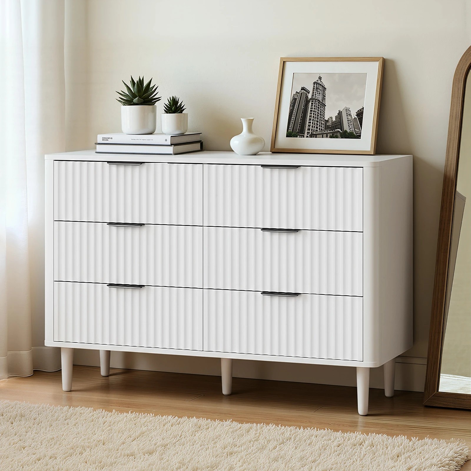 2 Oikiture 6 Chest Of Drawers Storage Cabinet Dressers Lowboy Stripe
 - White, 2 of 9