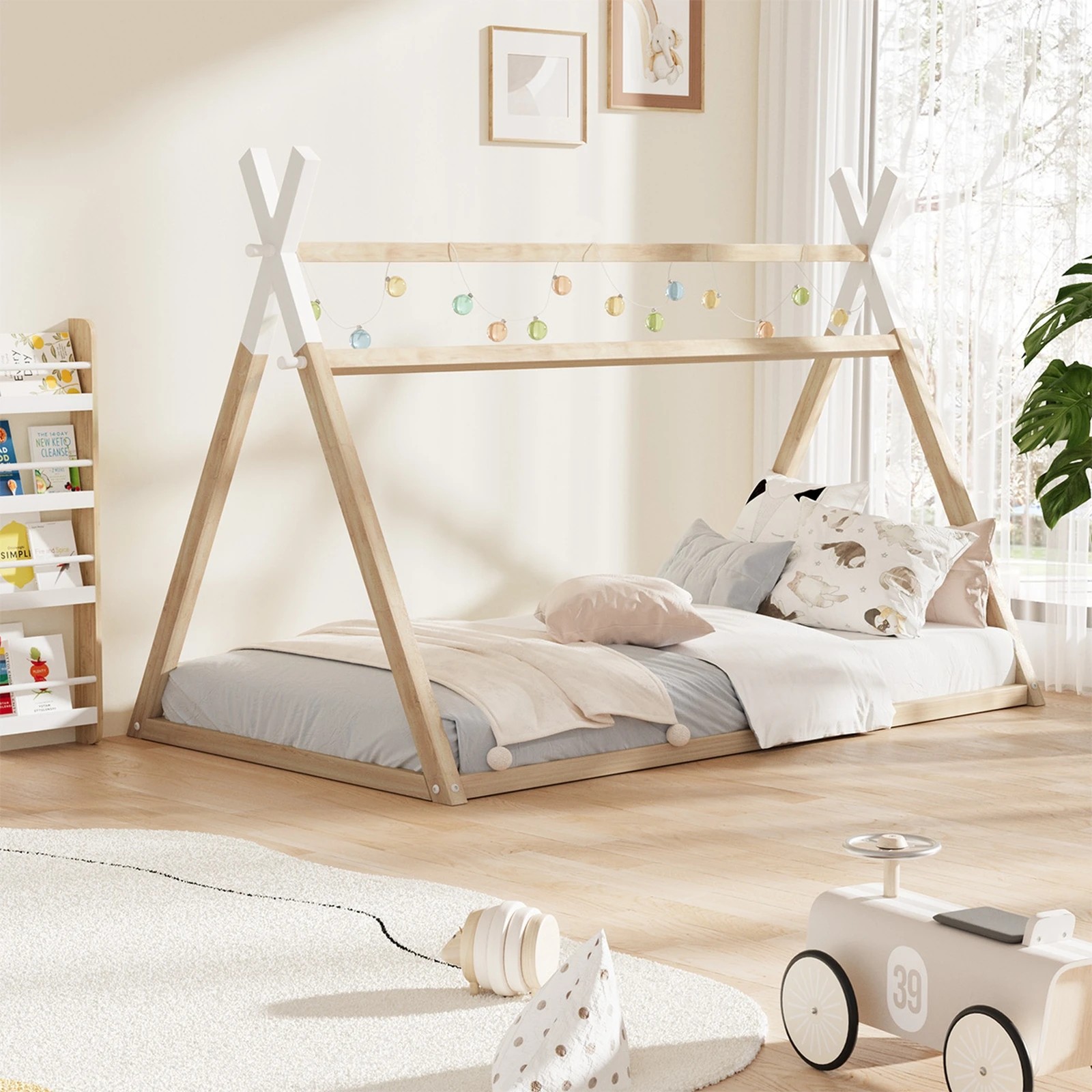 4 Oikiture Kids Bed Frame Wooden Timber King Single Teepee House Frame Beds
 - Multi, 4 of 10