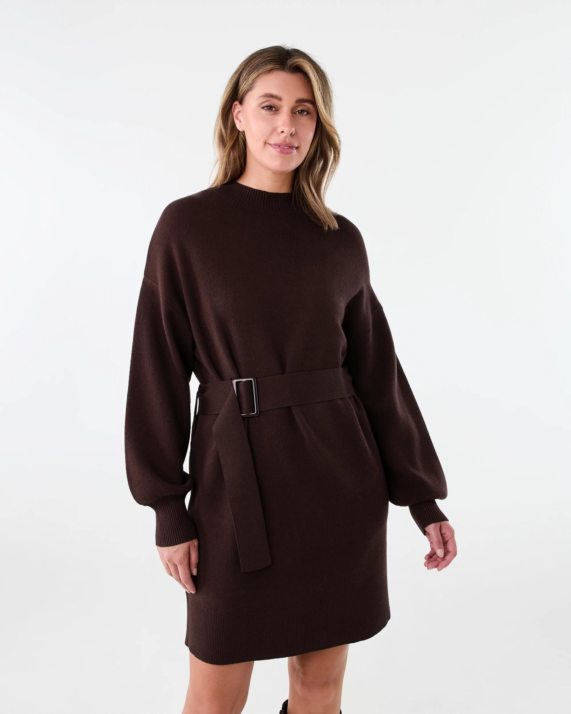 1 Long Sleeve True Knit Belted Mini Dress Melt Brown, 1 of 7