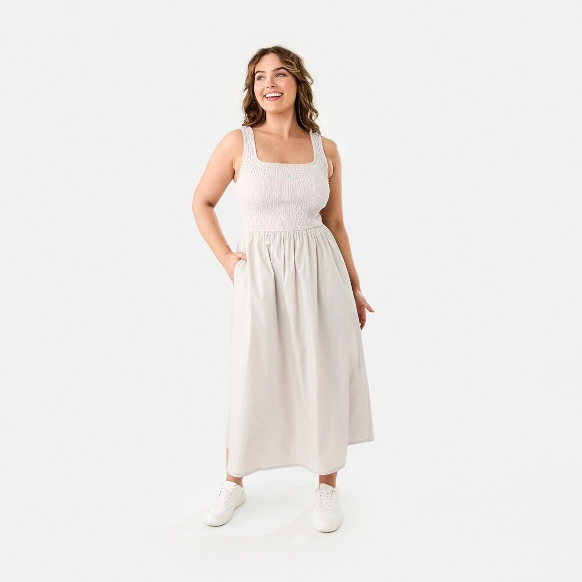 1 Sleeveless Shirred Knit Woven Midi Dress NATURAL BEIGE, 1 of 10