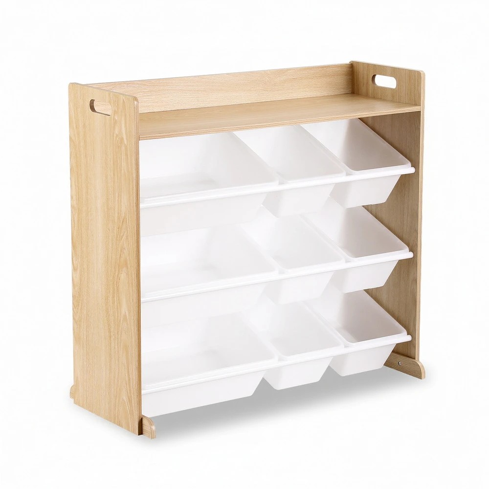 1 Keezi Kids Toy Box 9 Bins Bookshelf Organiser Display Shelf Storage Rack en - Natural, 1 of 6