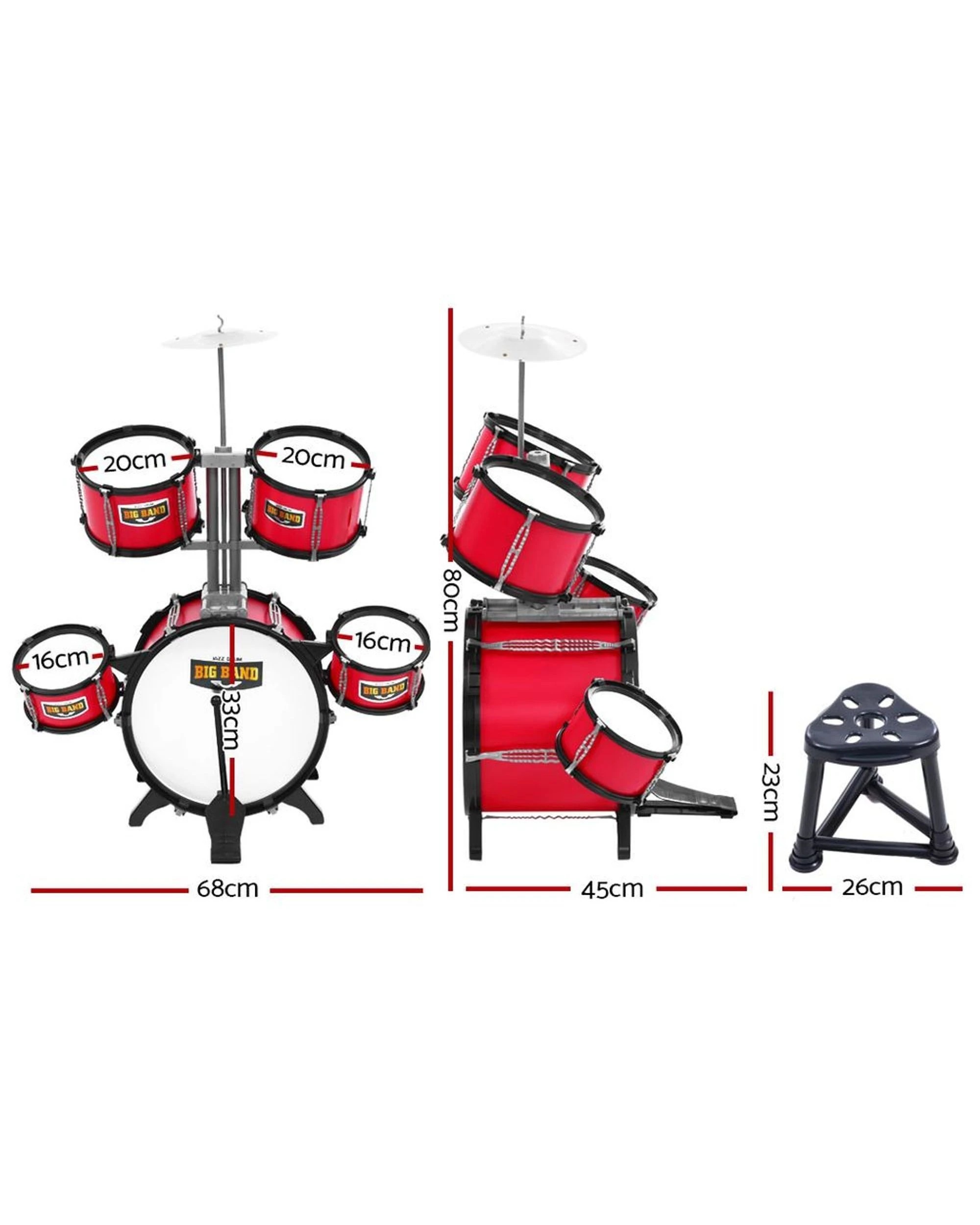 2 Keezi Kids Drum Kit Set Pretend Play Junior Drums Musical Toys Childrens 7pcs - Red, 2 of 6