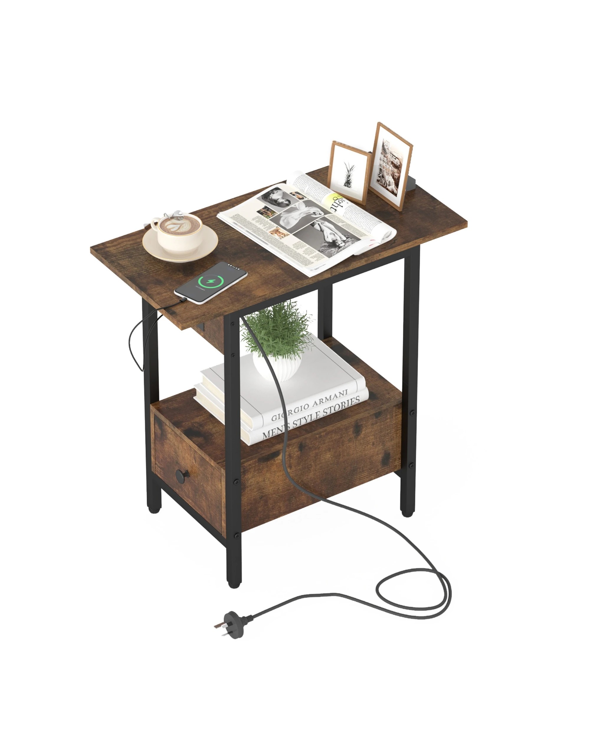 2 Advwin Side Table W/ Charging Station & Drawer Walnut, 2 of 5