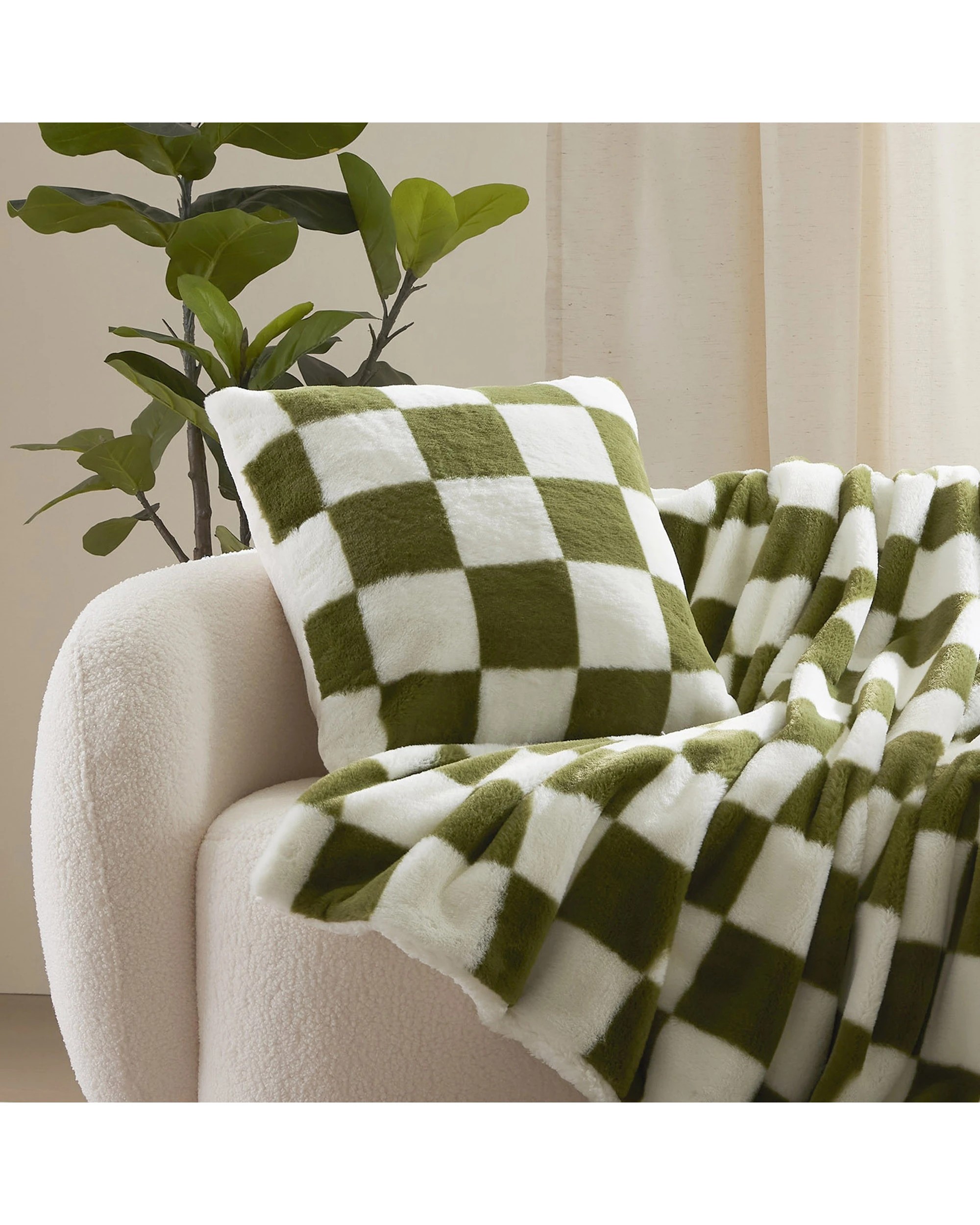1 Dreamaker Checkered Plush Cushion 50x50cm - Olive and Cream, 1 of 6