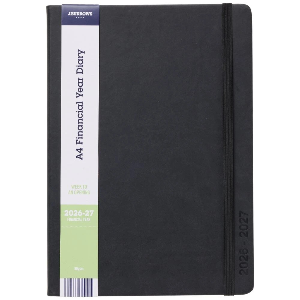 1 J.Burrows A4 Week to View PU FY26/27 Diary Black, 1 of 6