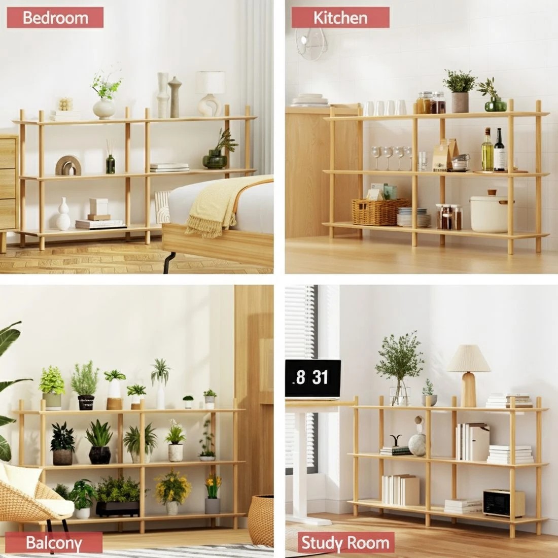 4 Artiss Bookshelf 3 Tiers Bookcase Display Shelves Wooden Storage Stand Rack - Natural, 4 of 5