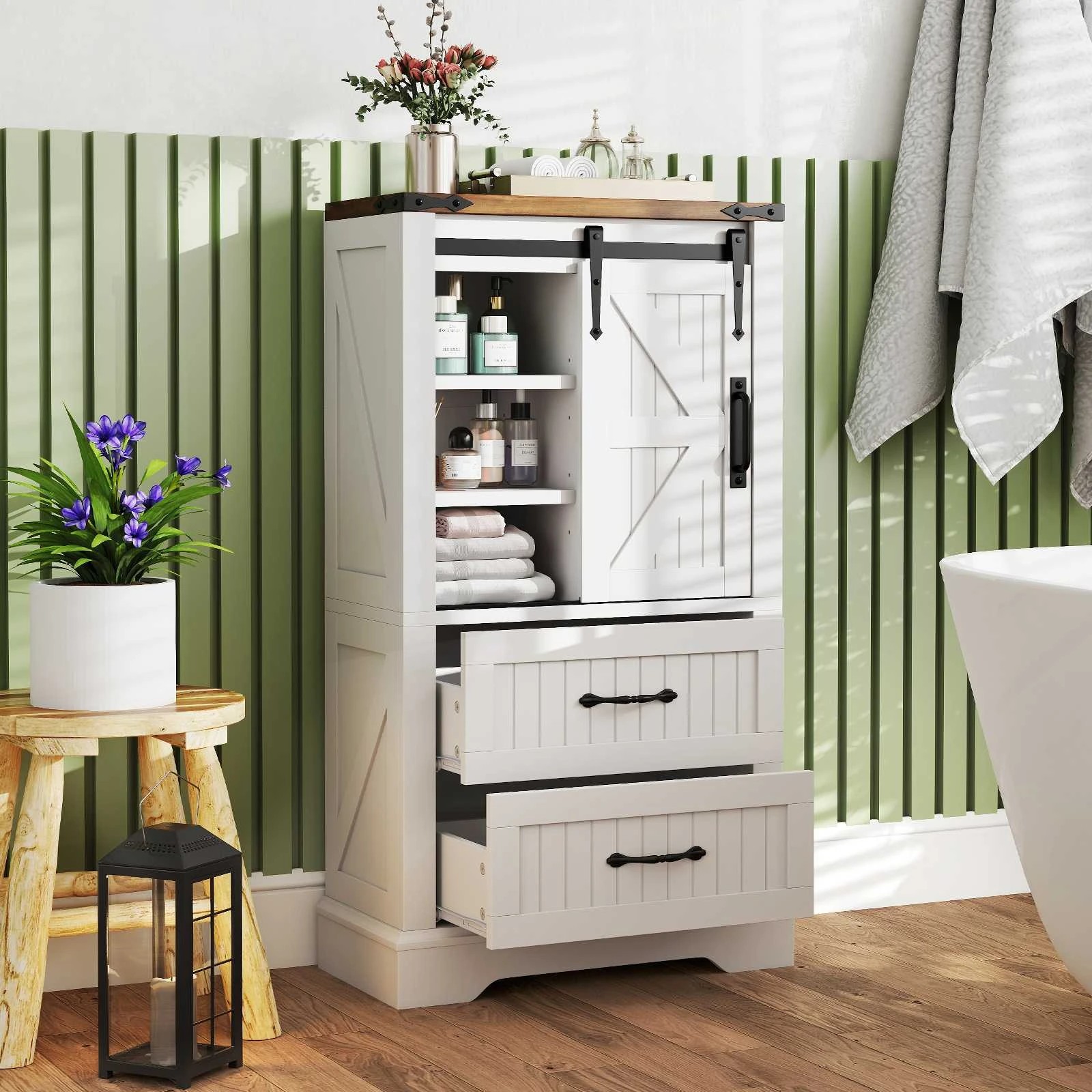 2 Costway Farmhouse Bathroom Floor Cabinet w/2 Storage Drawers & Sliding Door, 2 of 4