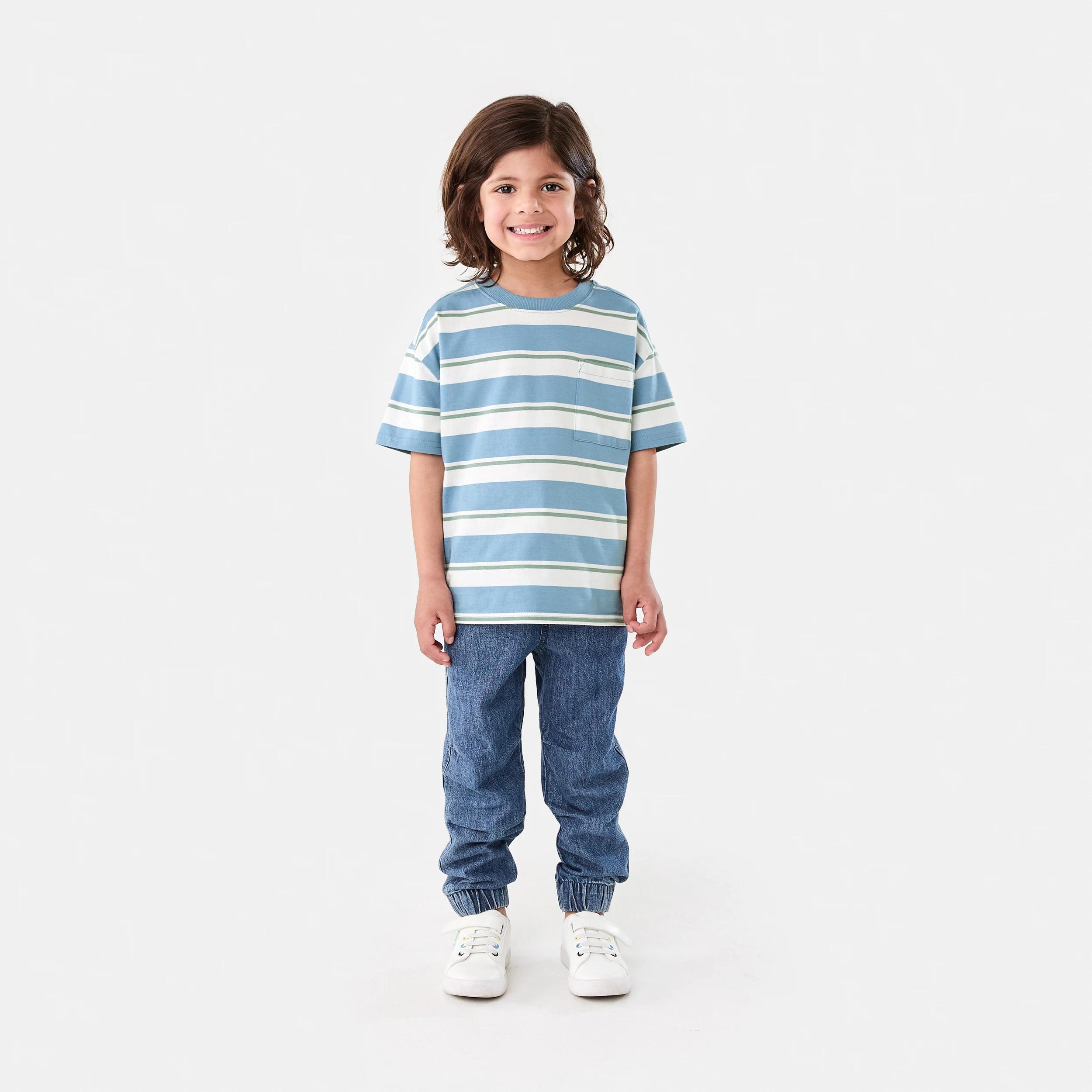 6 Short Sleeve Oversized Stripe T-shirt 3 COLOUR STRIPE FADED DENIM, 6 of 7