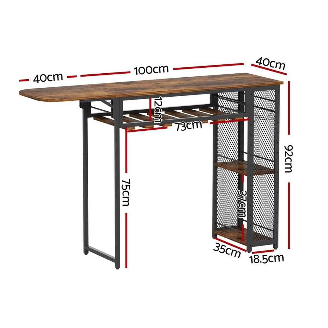 4 Artiss Industrial Bar Table with Wine Rack Built-in Cup Holder Extendable 140cm - Brown, 4 of 8