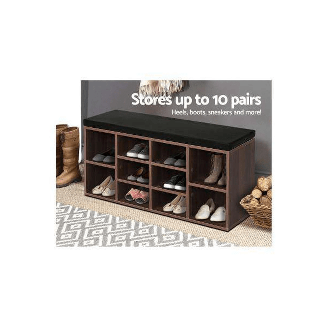 2 Artiss 10-Pair Shoe Cabinet Bench with 4cm PU Leather Seat, Walnut - Brown, 2 of 7