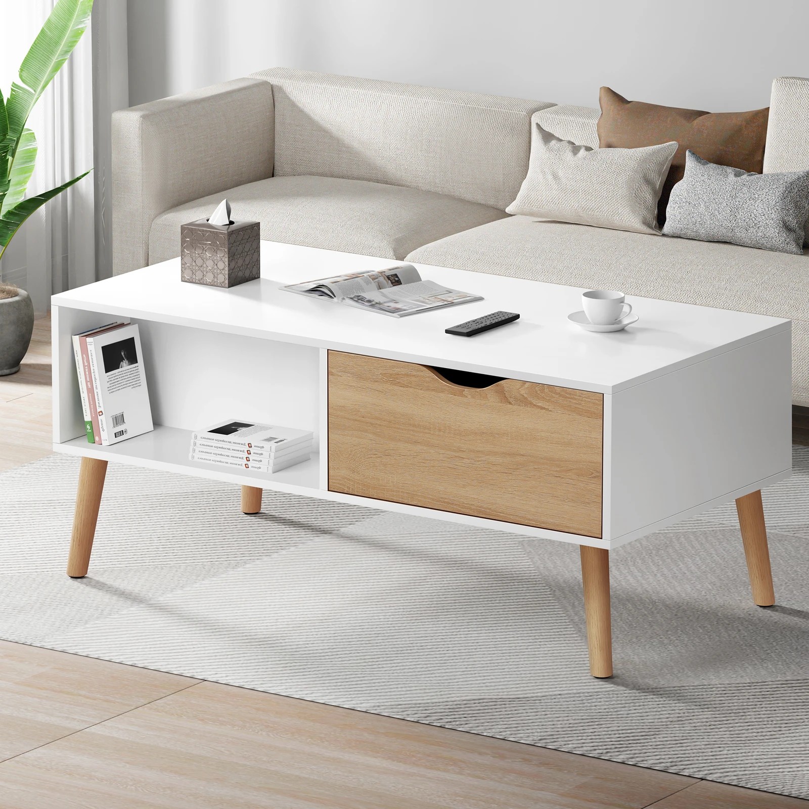 2 Alfordson Coffee Table Storage Tables 2 Drawers Shelf Modern Desk - Oak Whtie, 2 of 10