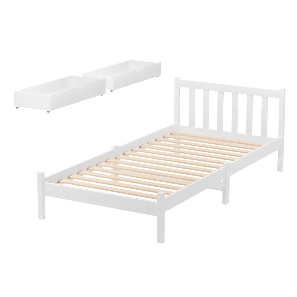 1 Artiss Bed Frame Single Size Wooden Platform with 2 Storage Drawers  SOFIE - White, 1 of 8