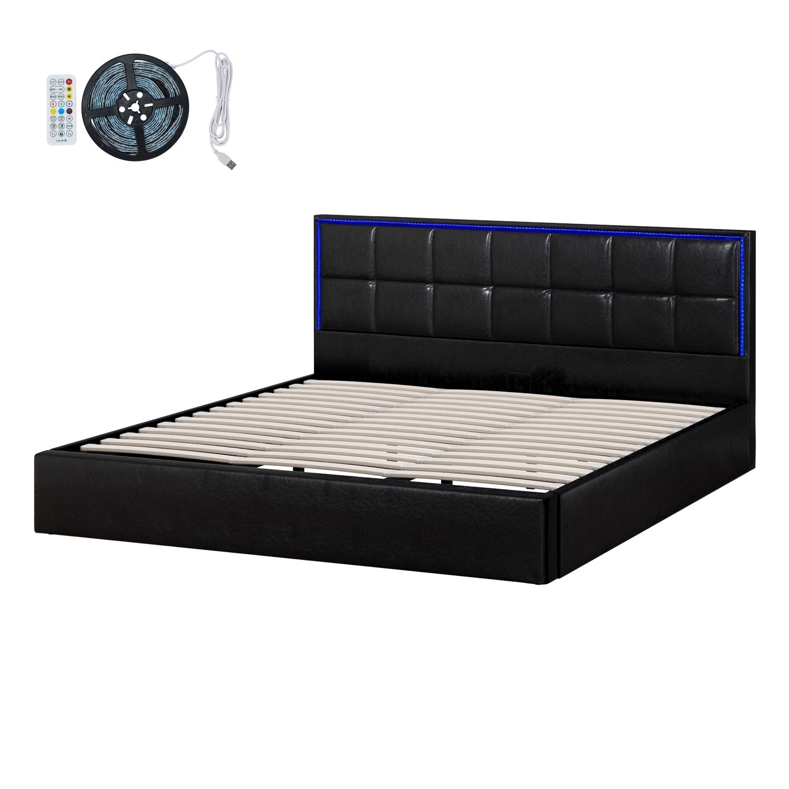 7 Oikiture Bed Frame King Size RGB LED Gas Lift Storage Base Leather - Black, 7 of 9