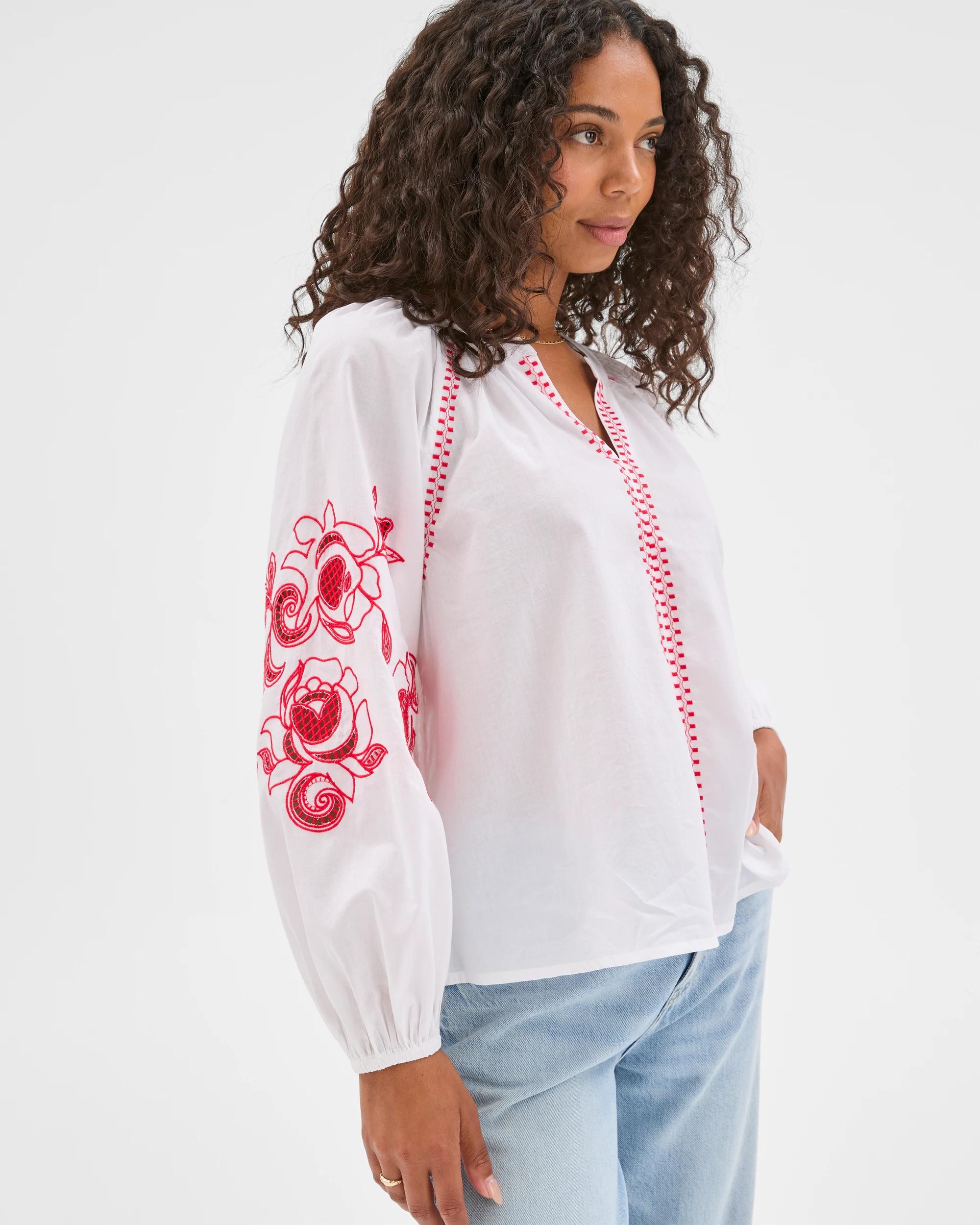 6 Target Woman Long Sleeve Embroidered Stitch Blouse WHITE, 6 of 7