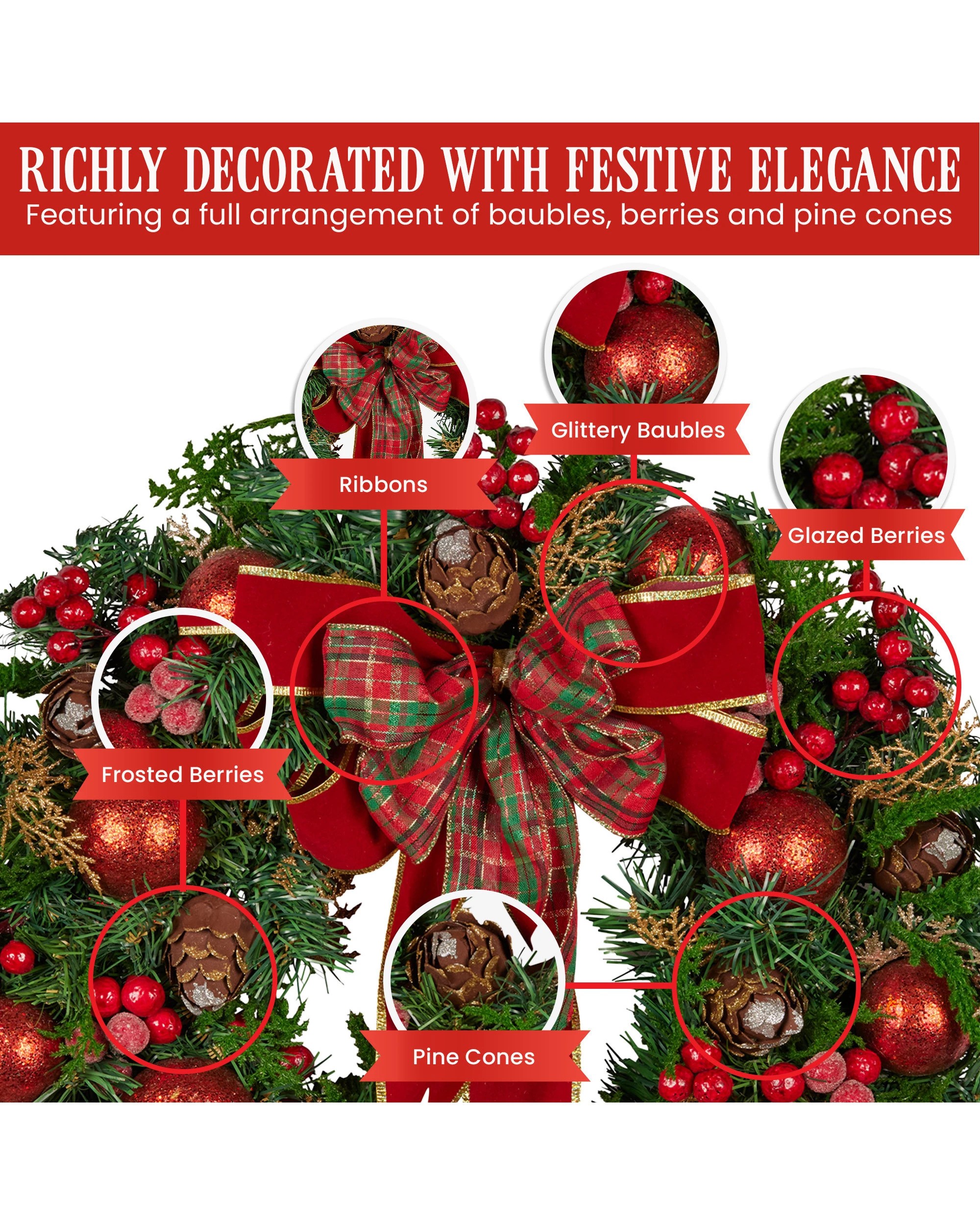 8 Christabelle Stunning 71cm Christmas Wreath Lush Red Baubles Berries Pine Cones And Bow Front Door Decoration, 8 of 10