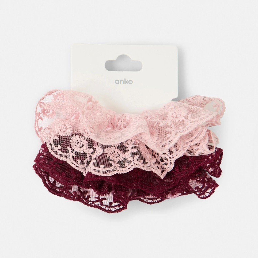 6 2 Pack Frill Lace Hair Scrunchies - Burgundy Red and Pink, 6 of 6