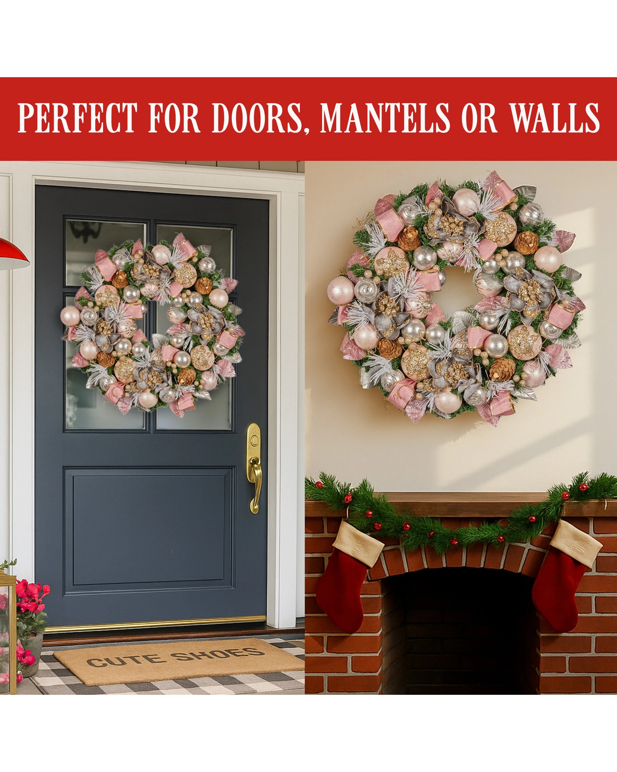 8 Christabelle 71cm Christmas Wreath Pink Front Door Decoration Jewelled Baubles Flowers Pine Cones Ribbons Ornaments, 8 of 9