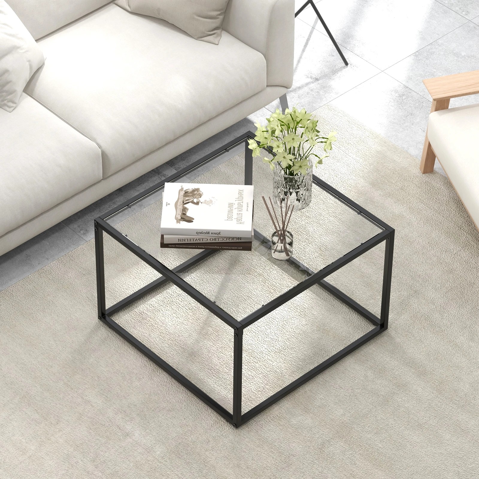 3 Costway 2-Tier Coffee Table Square Side Table Glass Tabletop, 3 of 4