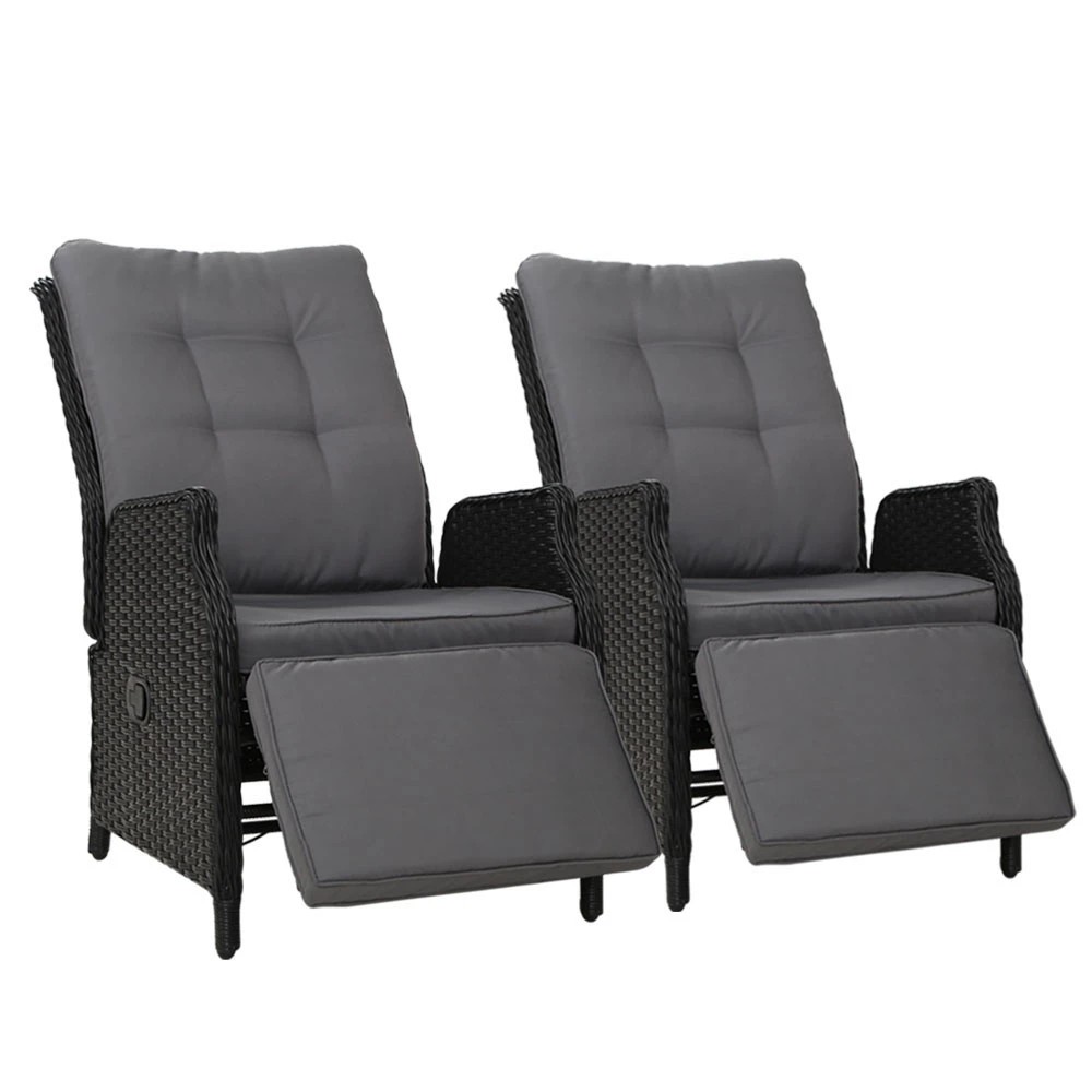 1 Gardeon 2PC Recliner Chairs Sun lounge Wicker Lounger Outdoor Furniture - Black, 1 of 5
