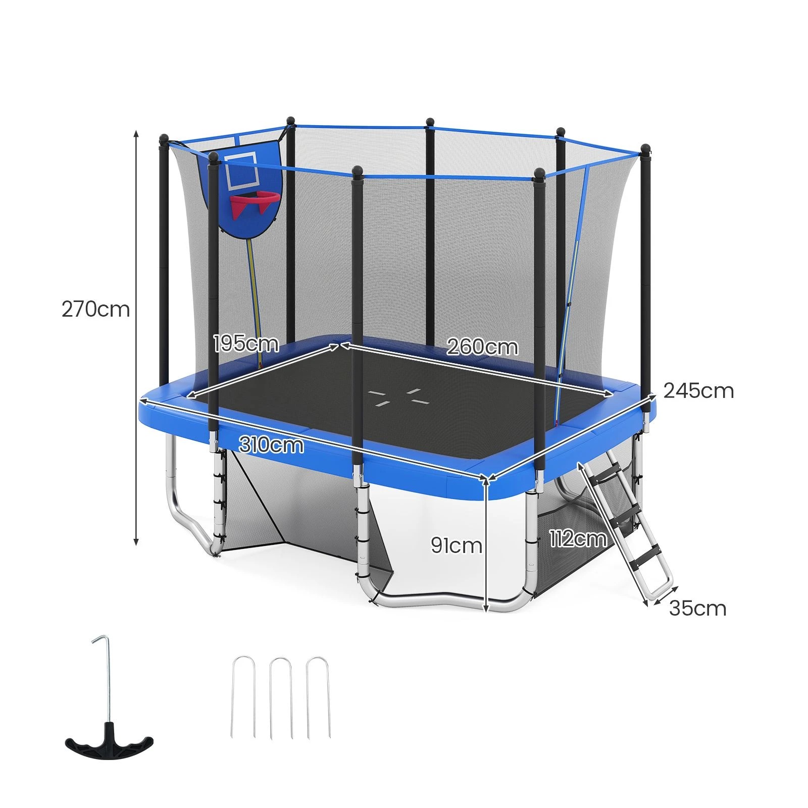 1 Costway 10x8FT Rectangle Kids Trampoline Play Bouncer w/Safety Enclosure Net & Ladder Gift - Blue, 1 of 1