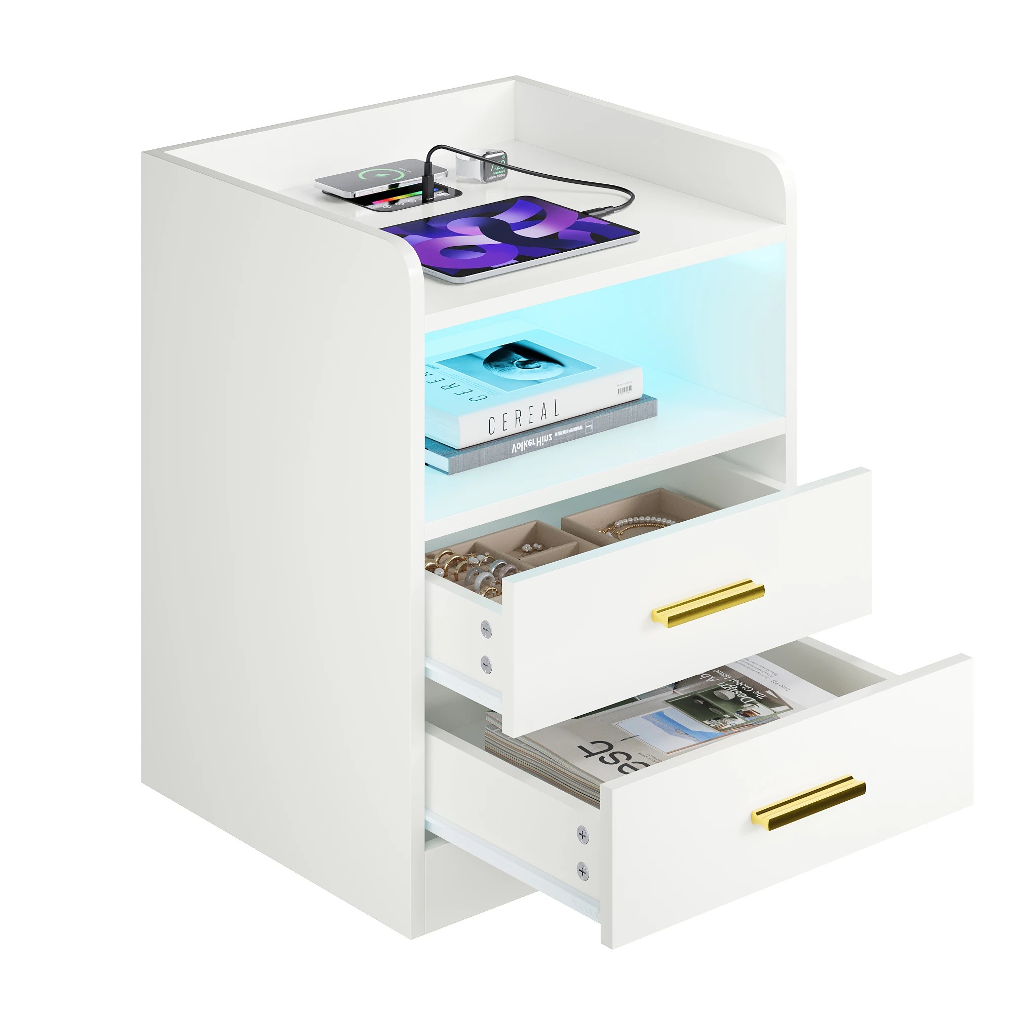 4 Advwin Bedside Table 2 Drawers Led Nightstand Wireless Charging Station, 4 of 8