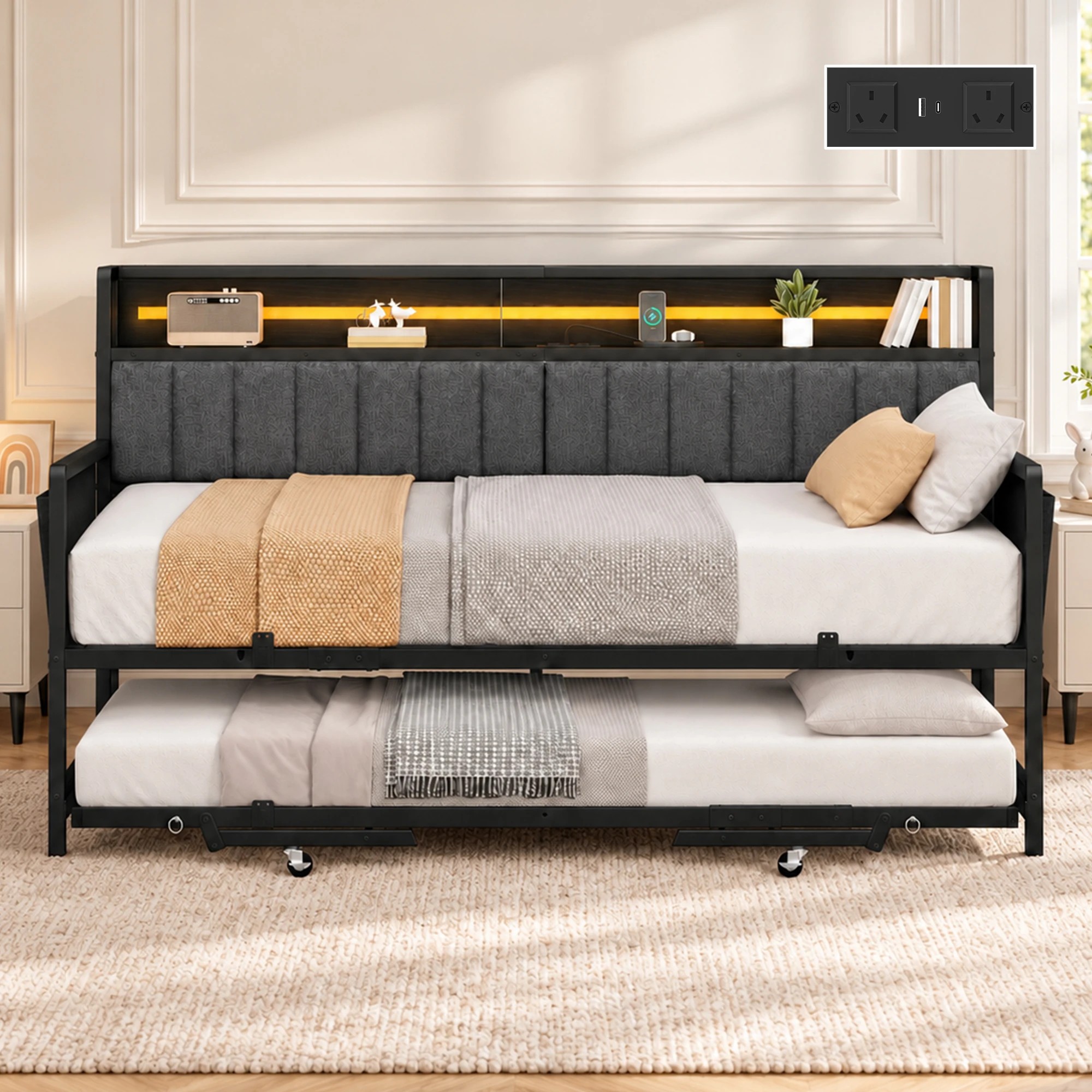 8 Advwin Single Size Metal Bed Frame Daybed w/ Trundle & Power Outlets - Black, 8 of 9