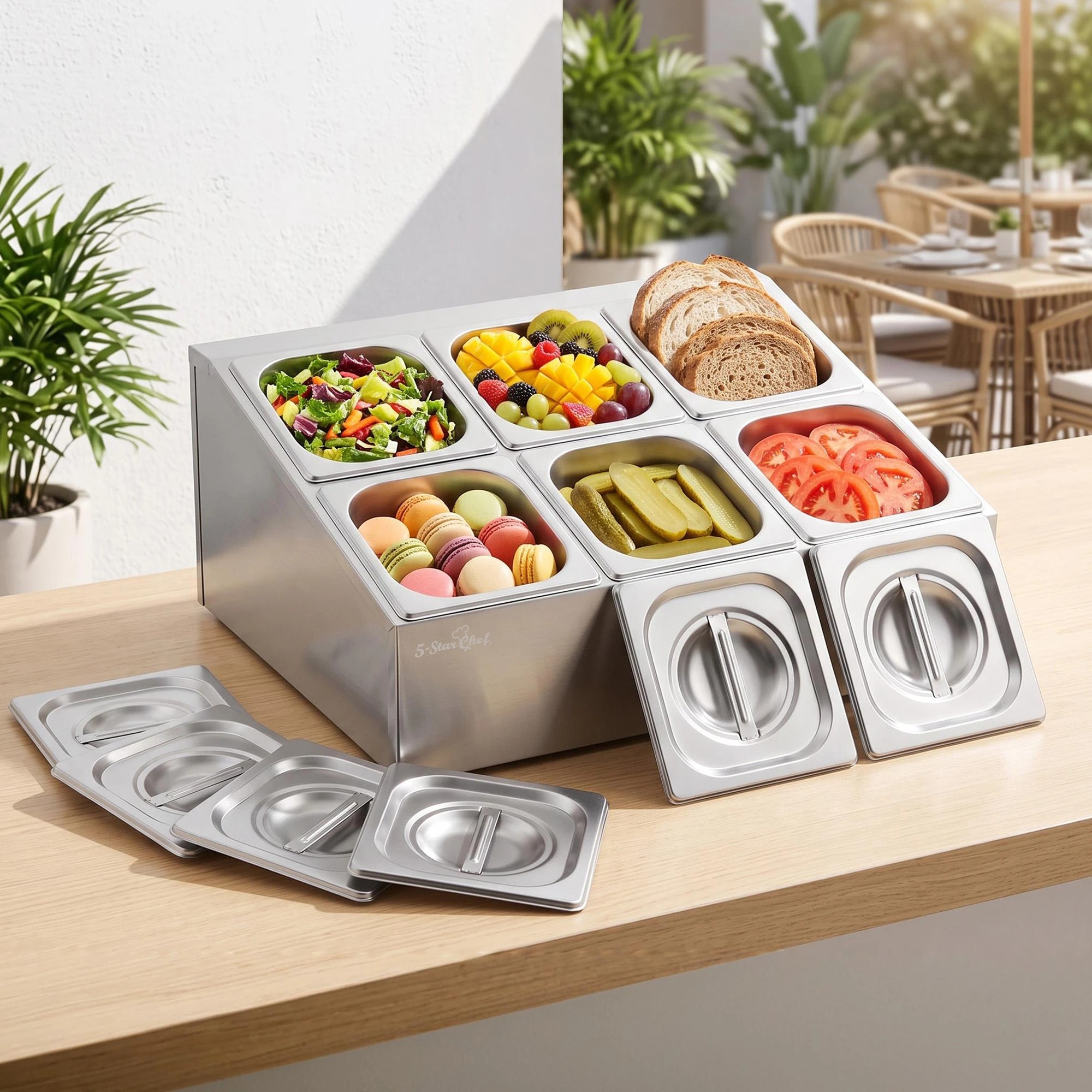2 5-Star Chef 6 Pan Food Serving Display Station Stainless Steel with Lids - Silver, 2 of 8