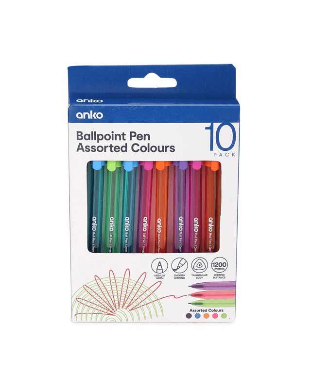 10 Pack Assorted Colours Ballpoint 