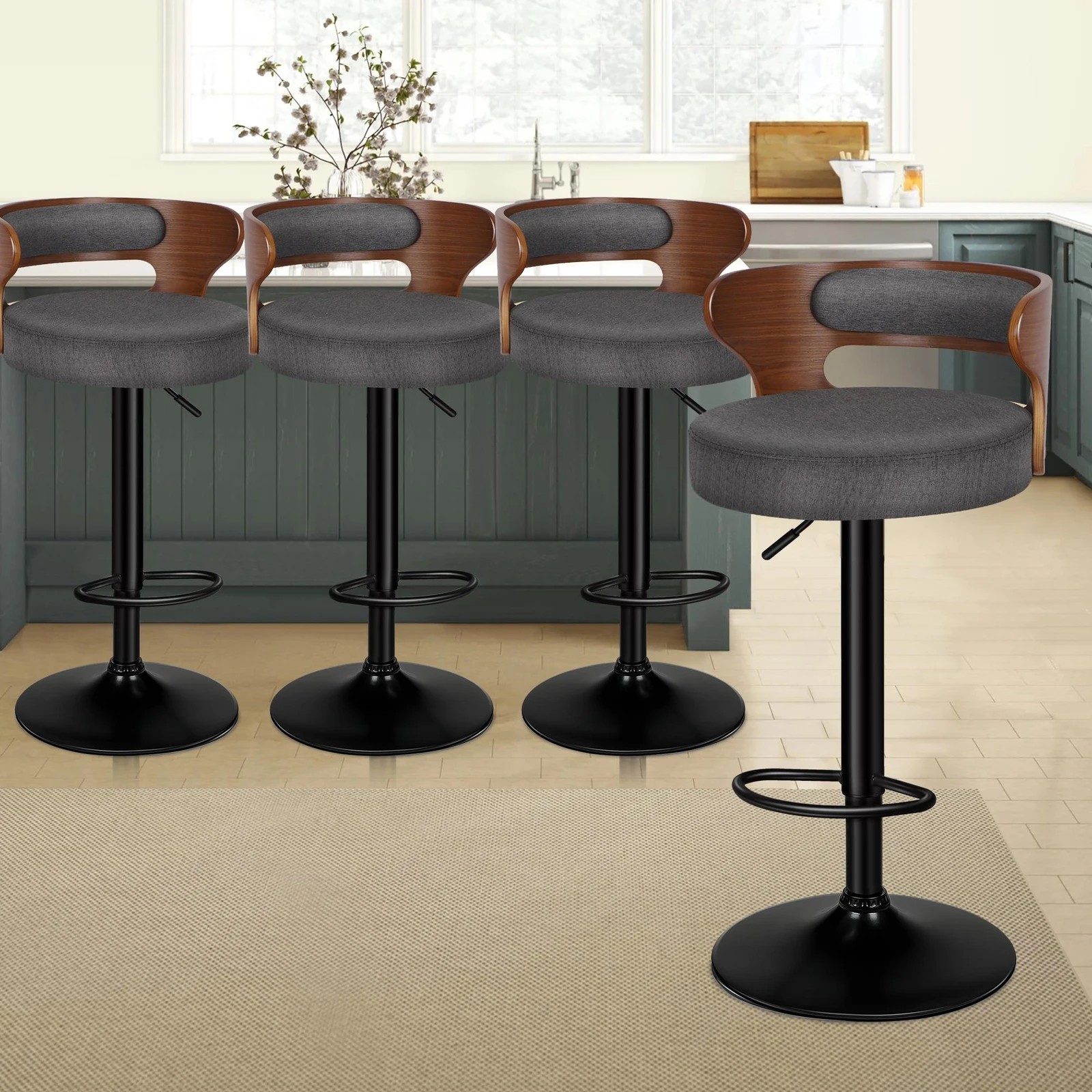 10 Alfordson 4x Bar Stool Kitchen Swivel Chair Wooden Linen Fabric Ramiro - Grey, 10 of 10