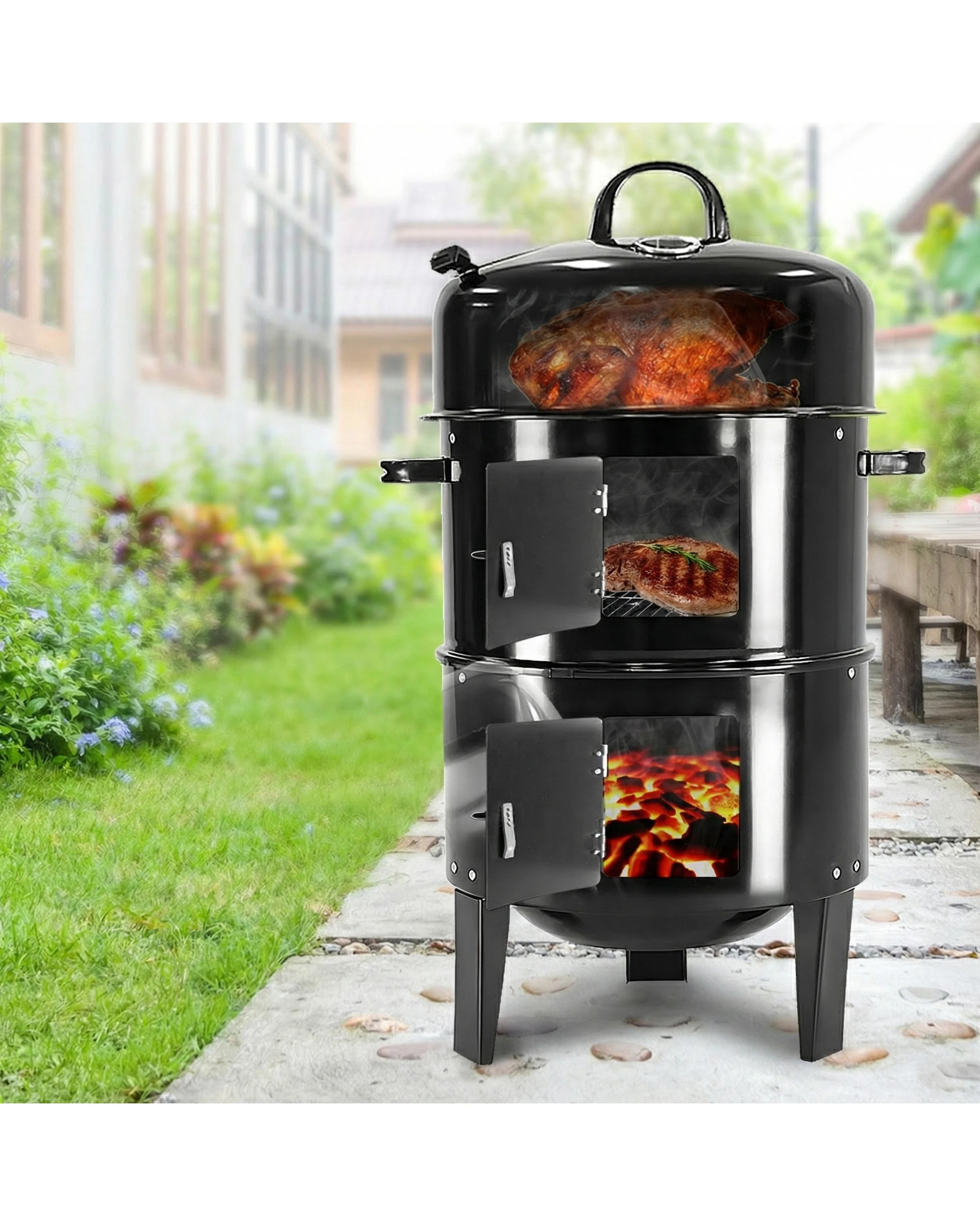 3 Wallaroo 3in1 Charcoal BBQ Smoker Grill Barbecue Outdoor - Black, 3 of 10