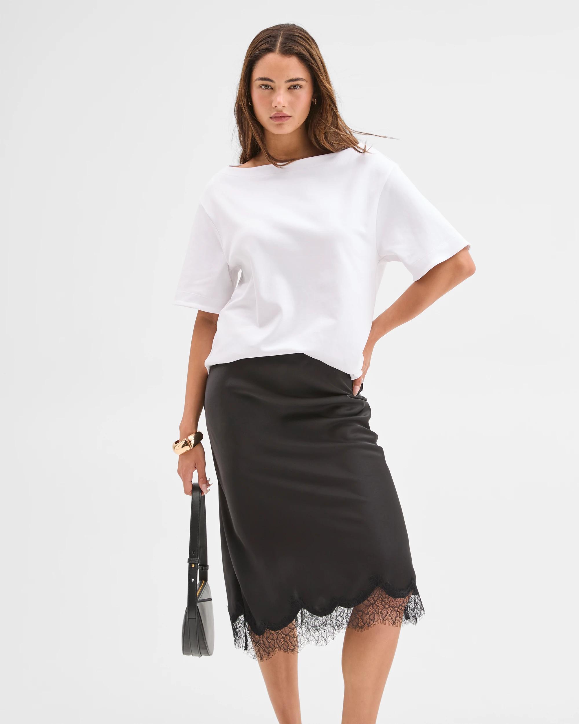 3 Lily Loves Satin Lace Trim Midi Skirt BLACK, 3 of 7