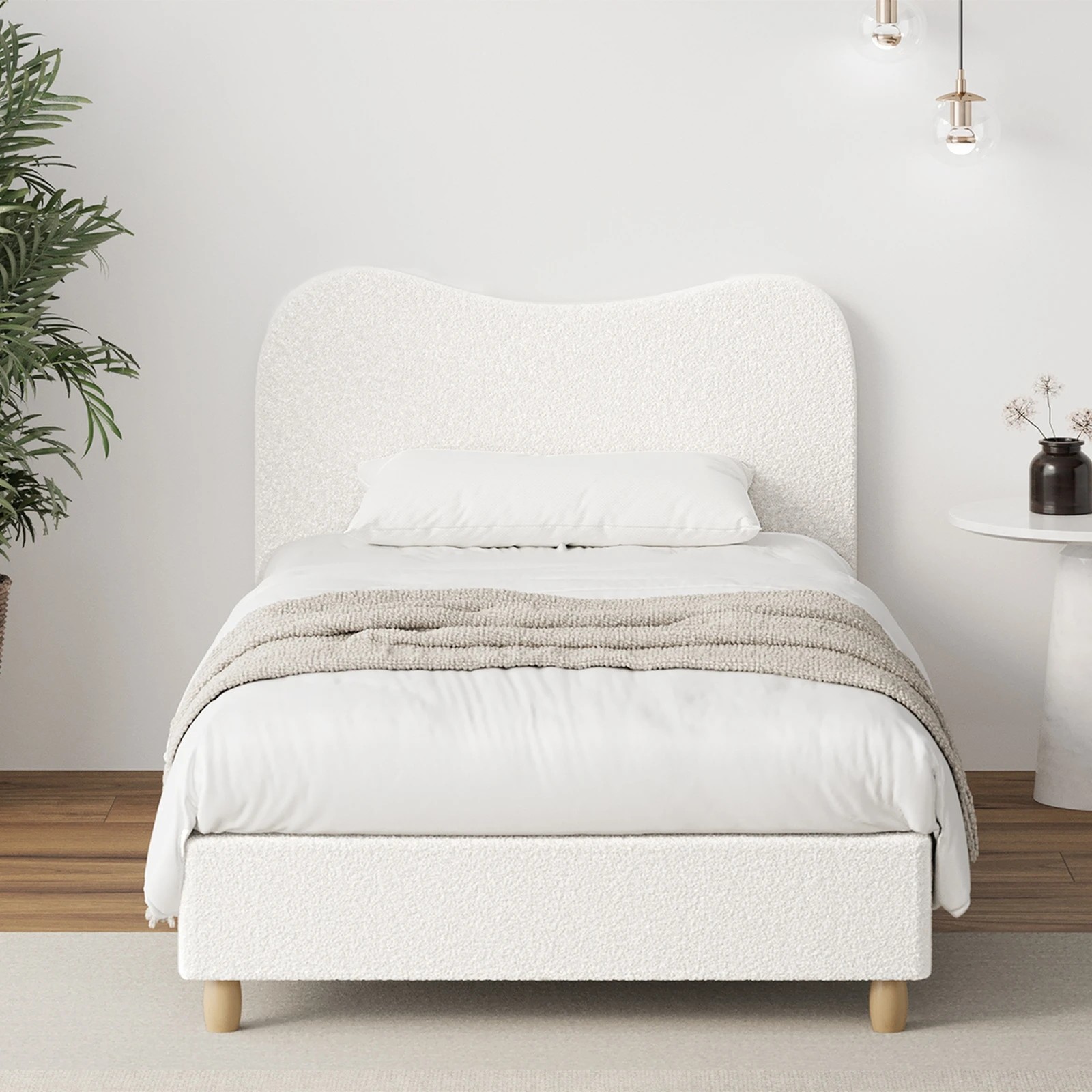 3 Oikiture Bed Frame Single Size Boucle Cloud Shape Headboard - White, 3 of 9