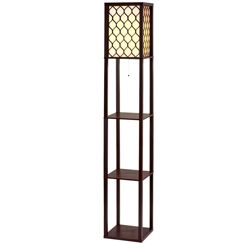 1 Artiss Floor Lamp 3 Tier Shelf Storage LED Light Stand Home Room Pattern - Brown, 1 of 7
