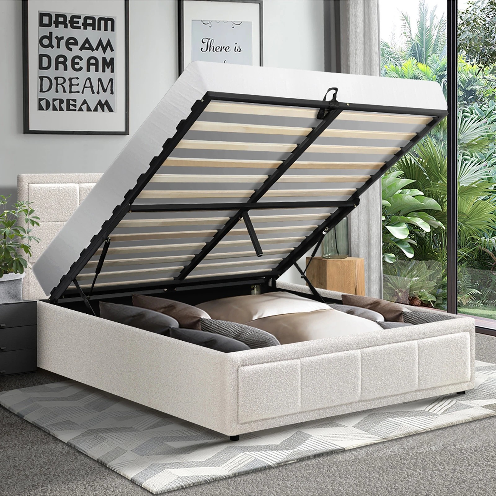 3 Oikiture King Single Bed Frame Gas Lift Storage Base Boucle Fabric - White, 3 of 9