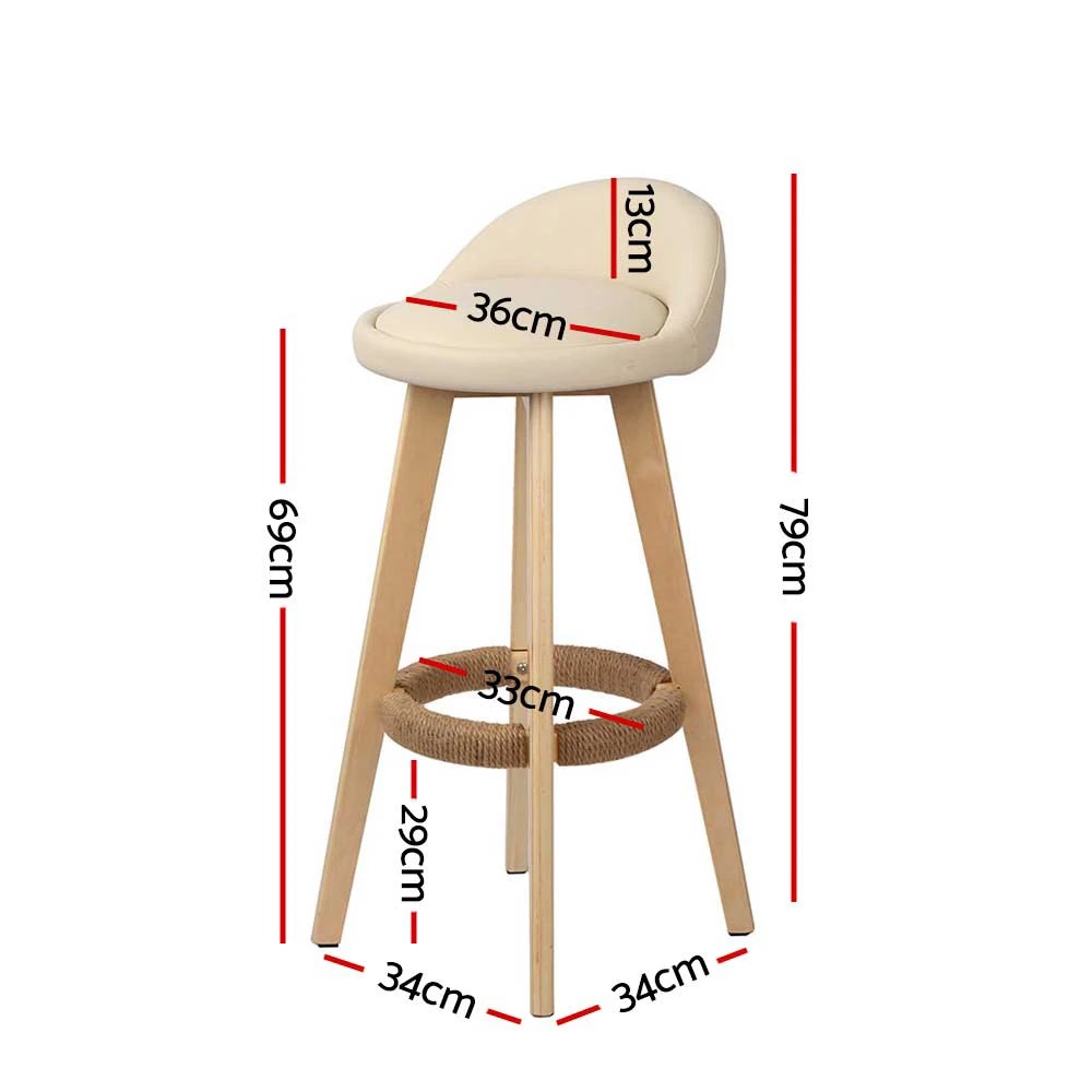 2 Artiss 2x Bar Stools Padded Leather Wooden - Beige, 2 of 8