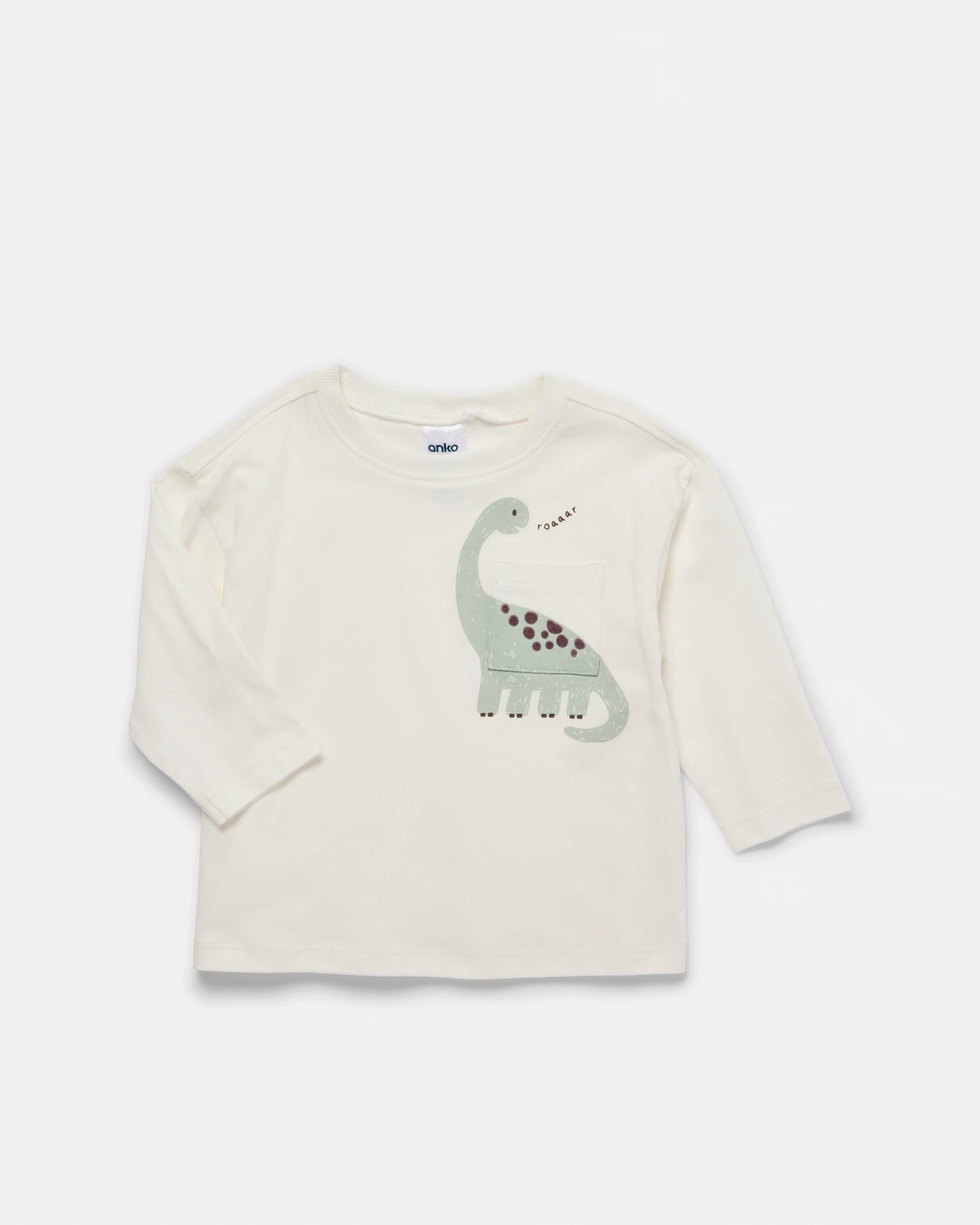 3 3 Pack Cotton Long Sleeve Pocket T-shirts Wht Dino, 3 of 7