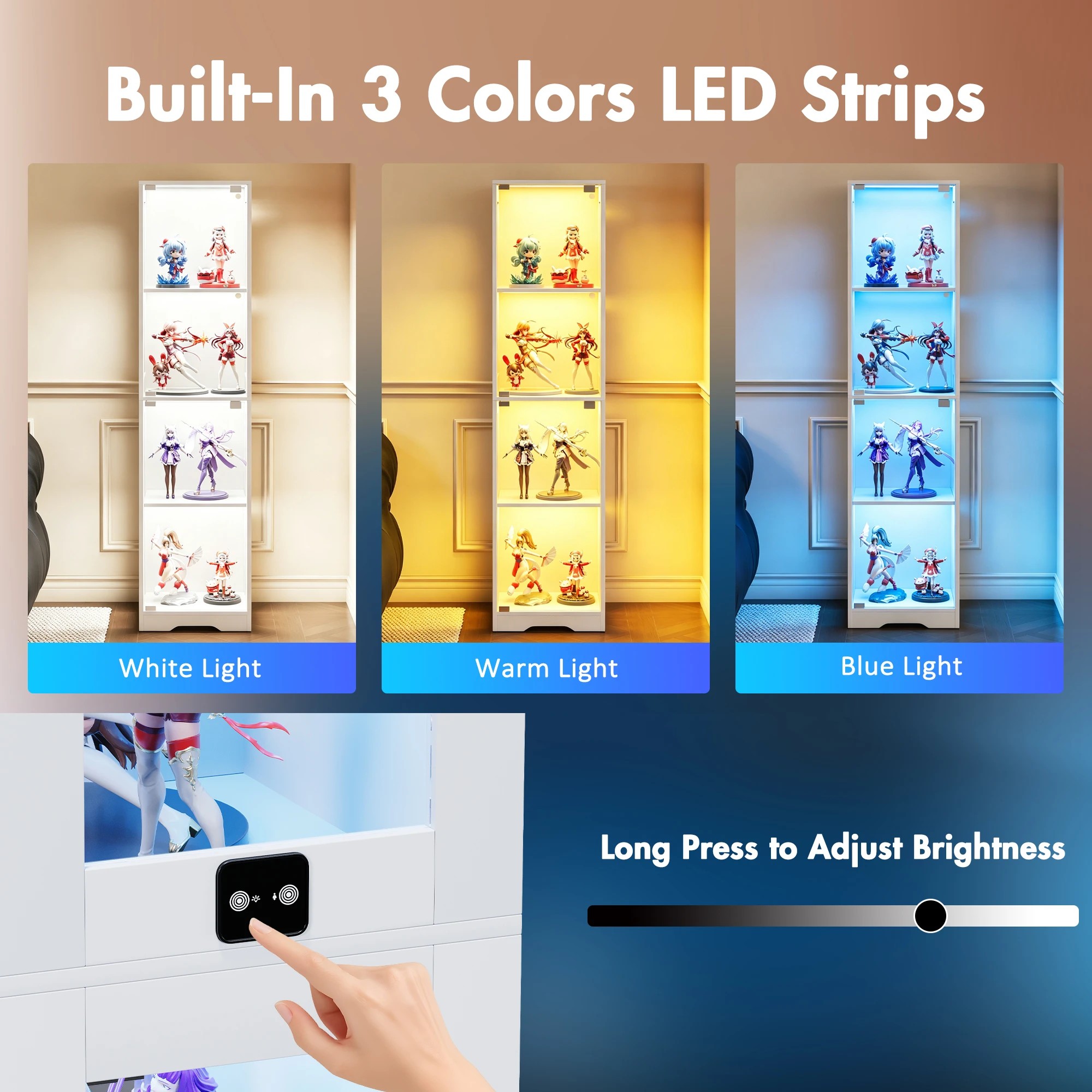 5 Advwin 4 Tier LED Glass Display Cabinet 160cm High Tall Storage Bookshelf - White, 5 of 9