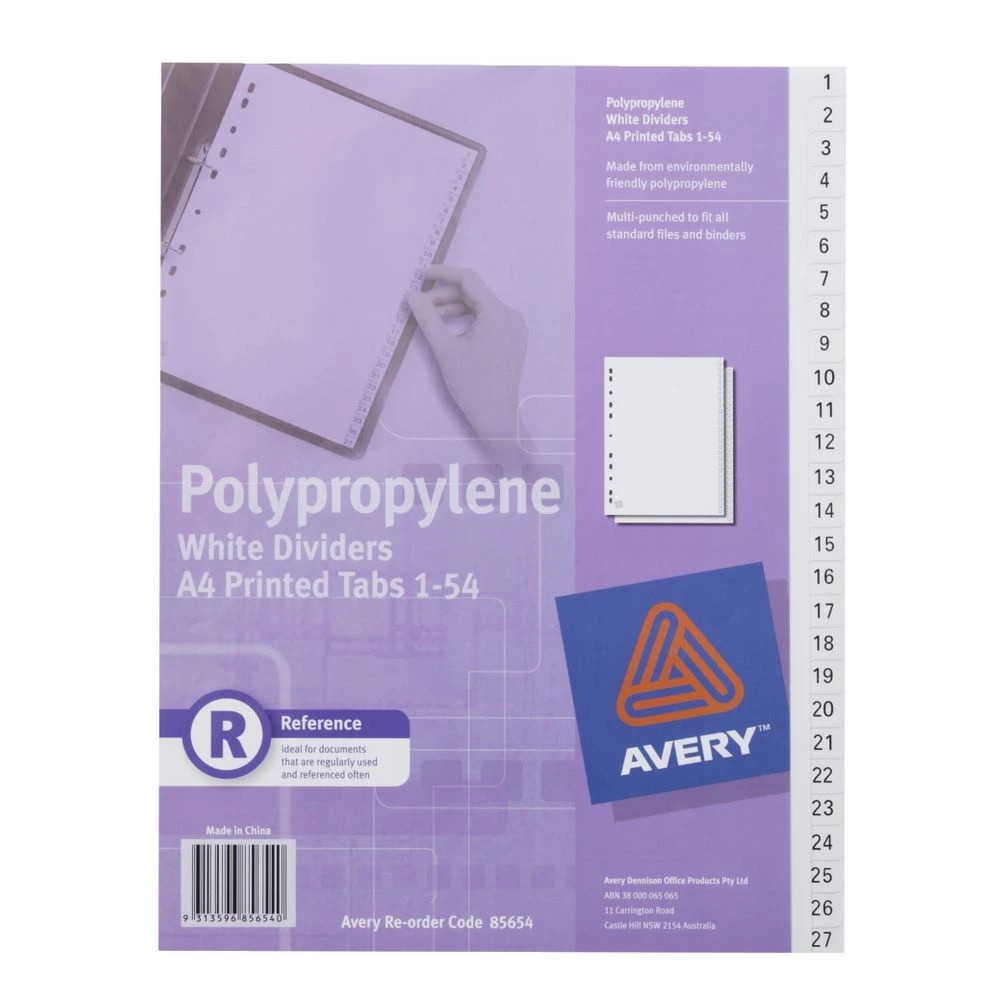 2 Avery Polypropylene A4 Printed Tabs Dividers 1 -54 White, 2 of 2