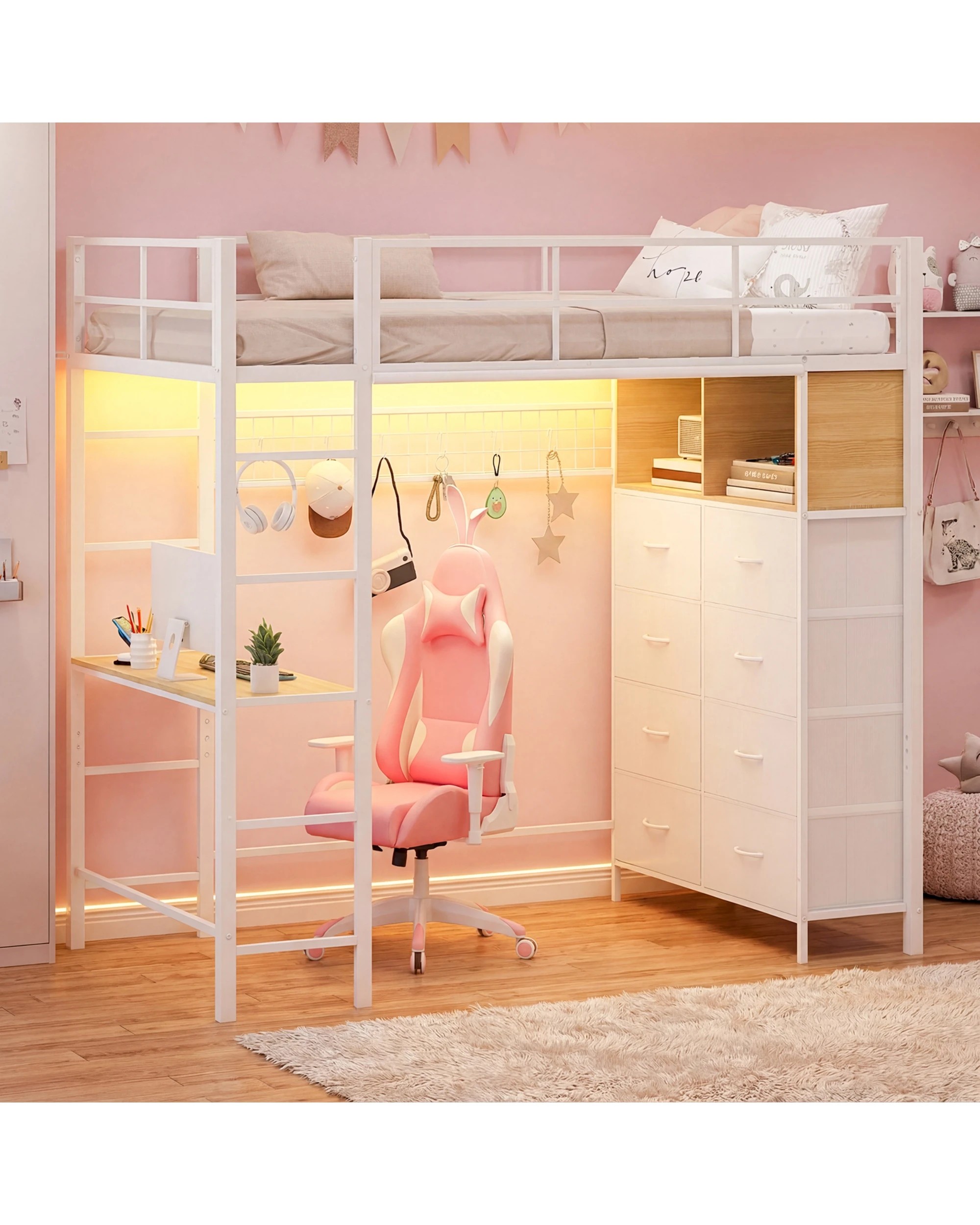 7 Advwin Single Loft Bed Frame with LED & Desk & Charging Station & Storage - White, 7 of 8