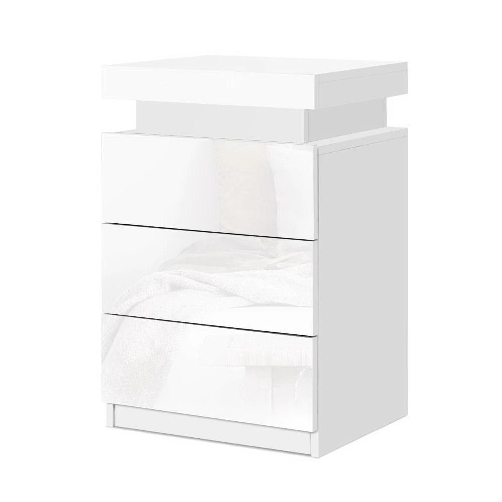 2 Artiss 2X Bedside Table LED 3 Drawers - White, 2 of 8