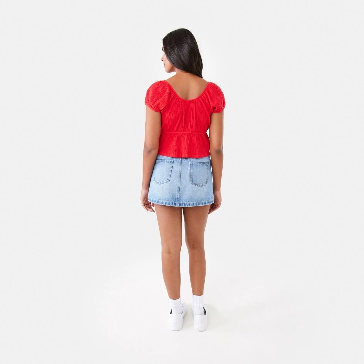 4 Short Sleeve Textured Tie Front Top Strawberry, 4 of 7