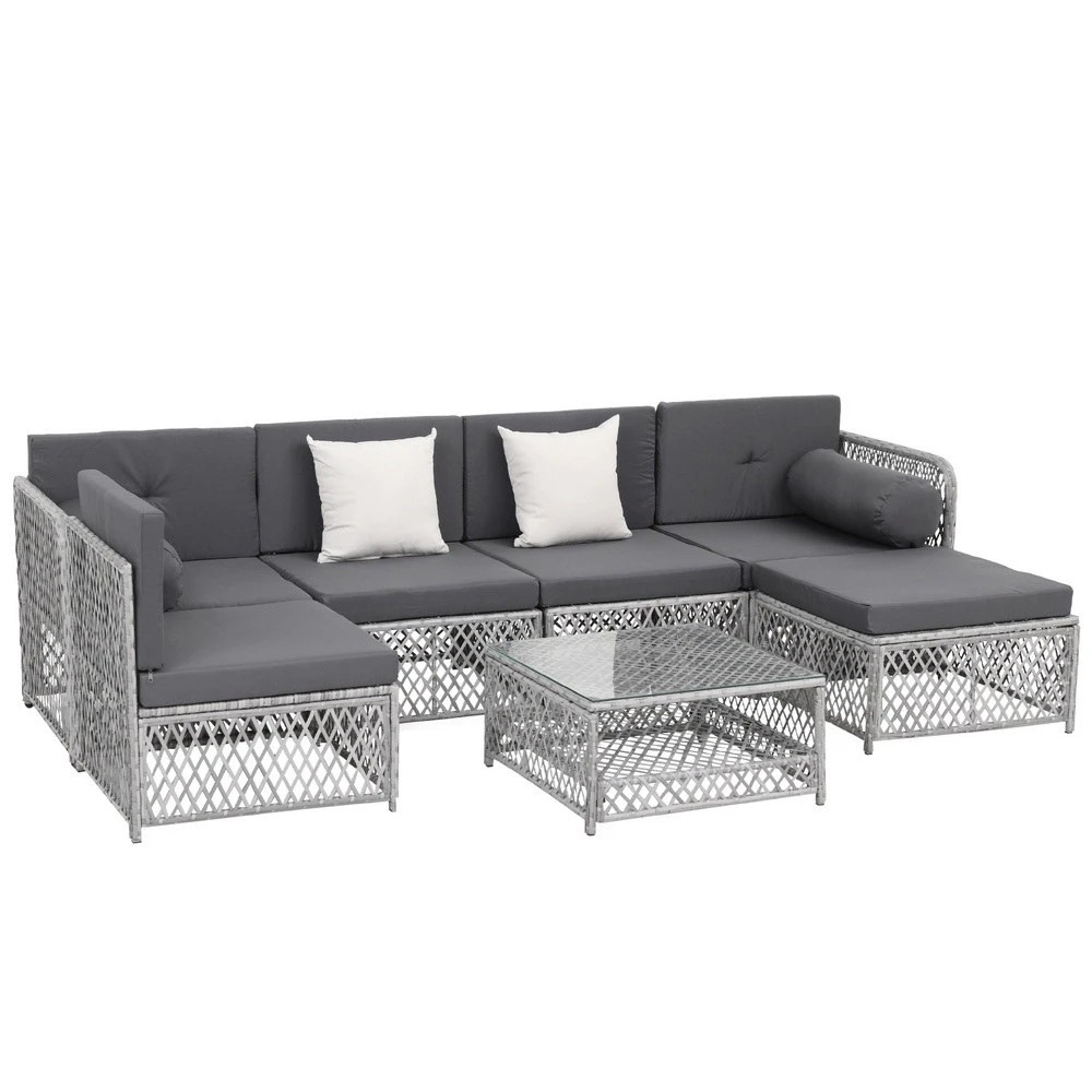 1 Gardeon 6 Seater Outdoor Sofa Set 7PCS Table Chair Set Garden Rattan Patio - Grey, 1 of 6