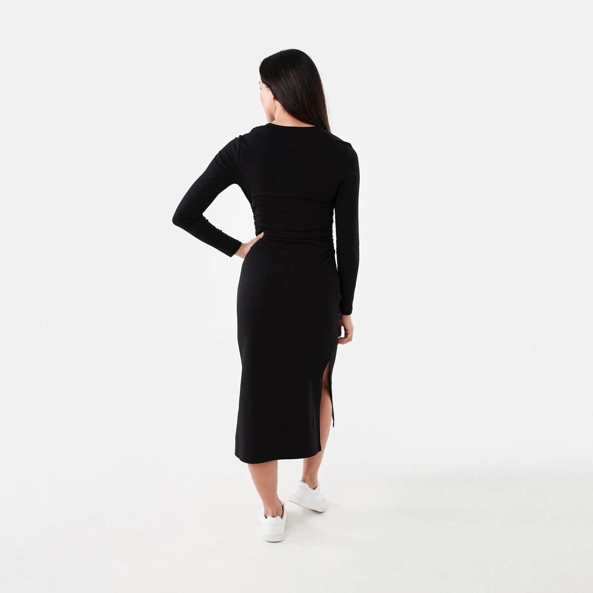 3 Long Sleeve Ruched Midi Dress Black, 3 of 6