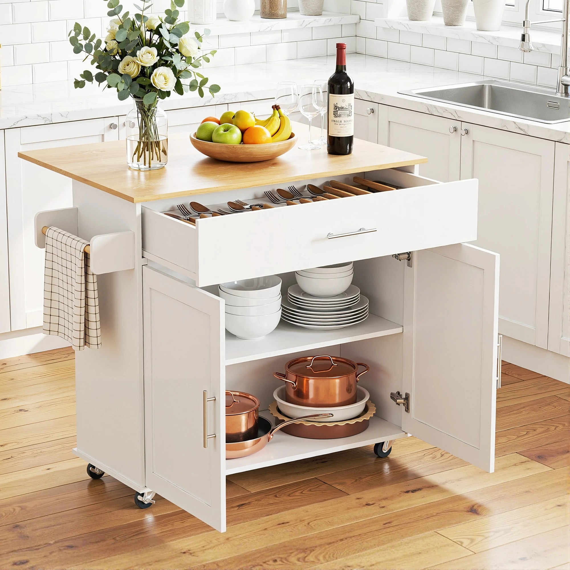 8 Artiss Kitchen Island Trolley Rolling Serving Cart Storage Drawer Cabinet 90cm - White, 8 of 9